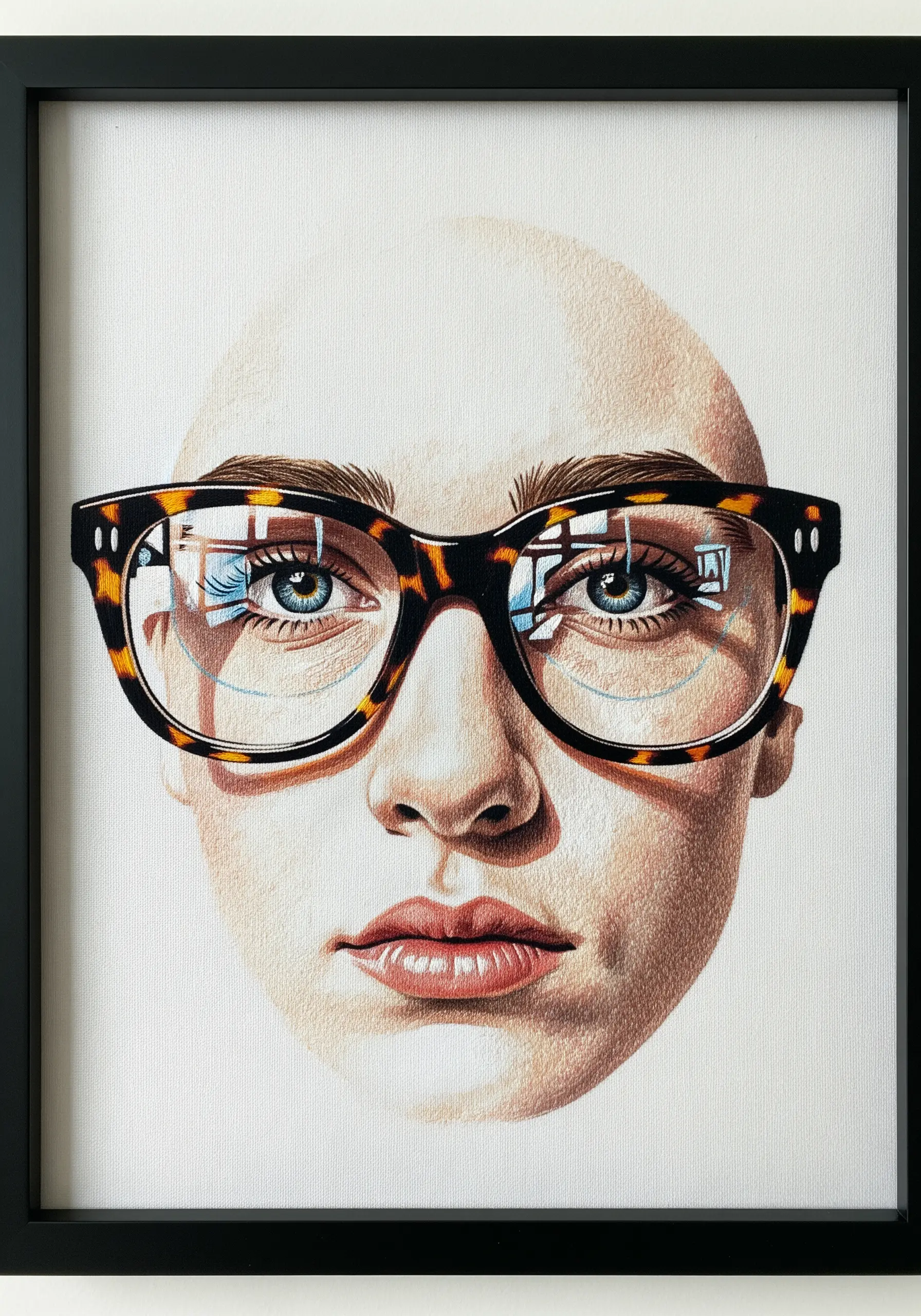 Embroidered portrait of a face with tortoiseshell glasses showing realistic light reflections.