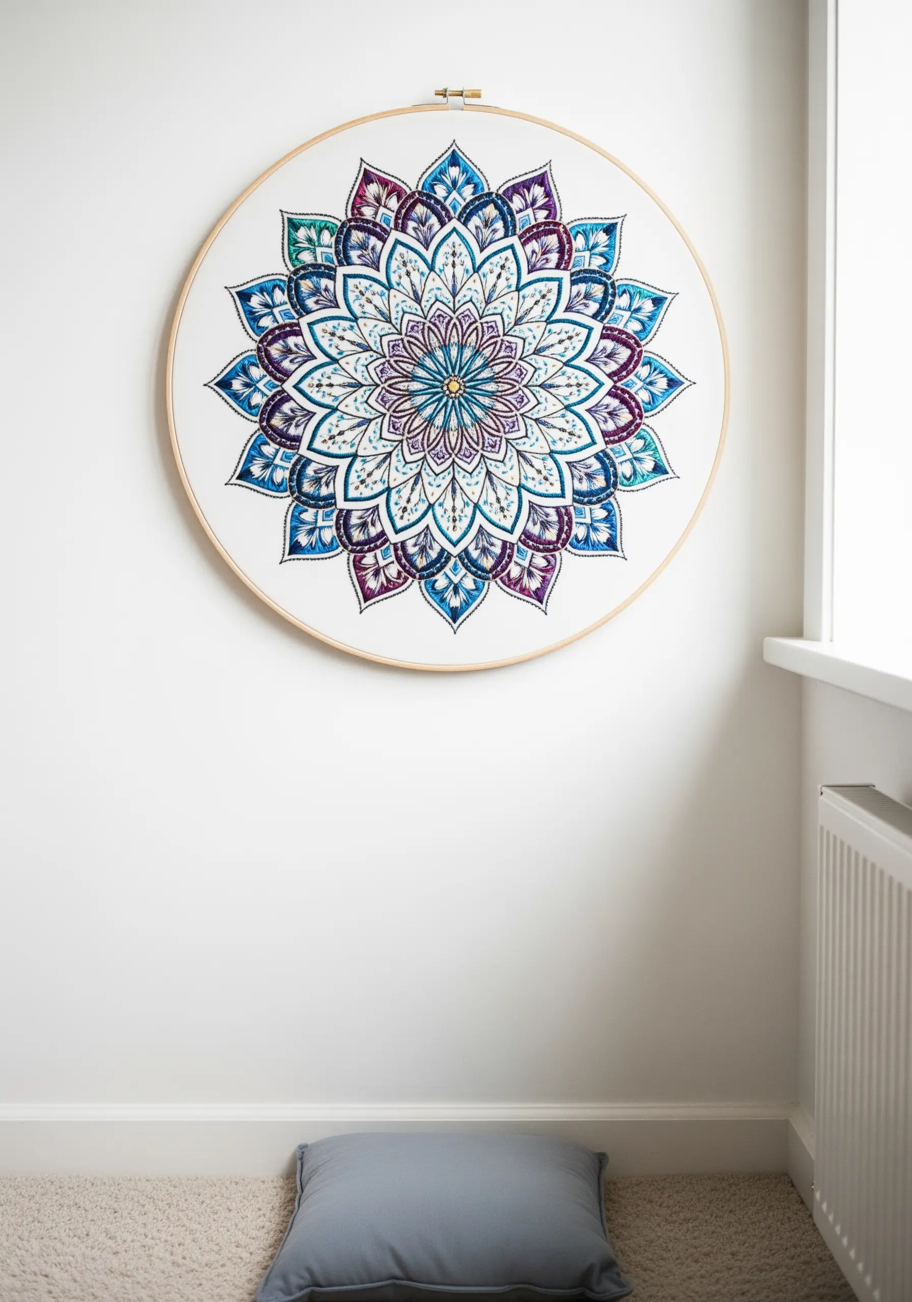 An intricate, large-scale embroidered mandala in shades of blue, purple, and teal.