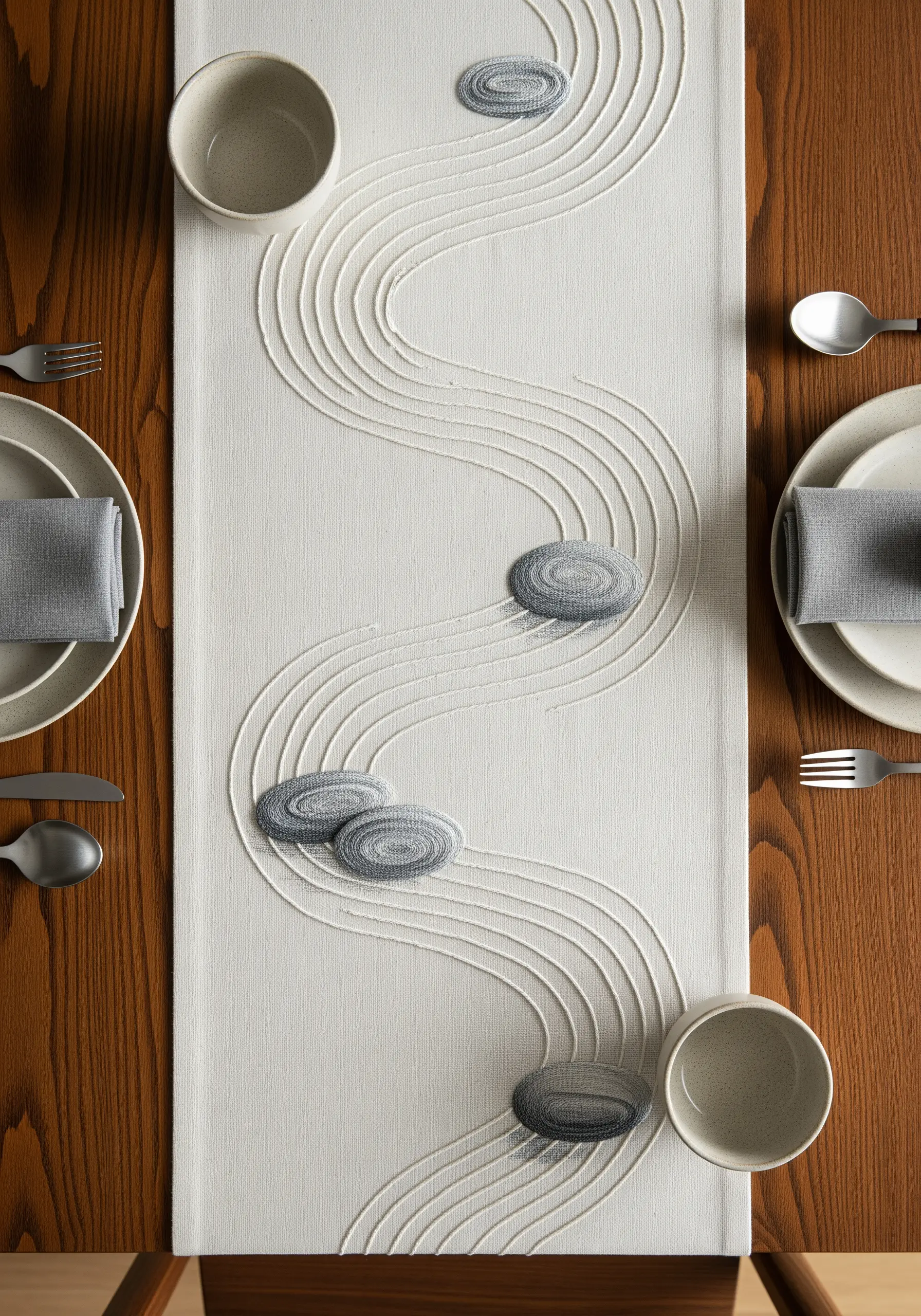 Minimalist table runner embroidery with Zen garden sand lines and stitched stones.