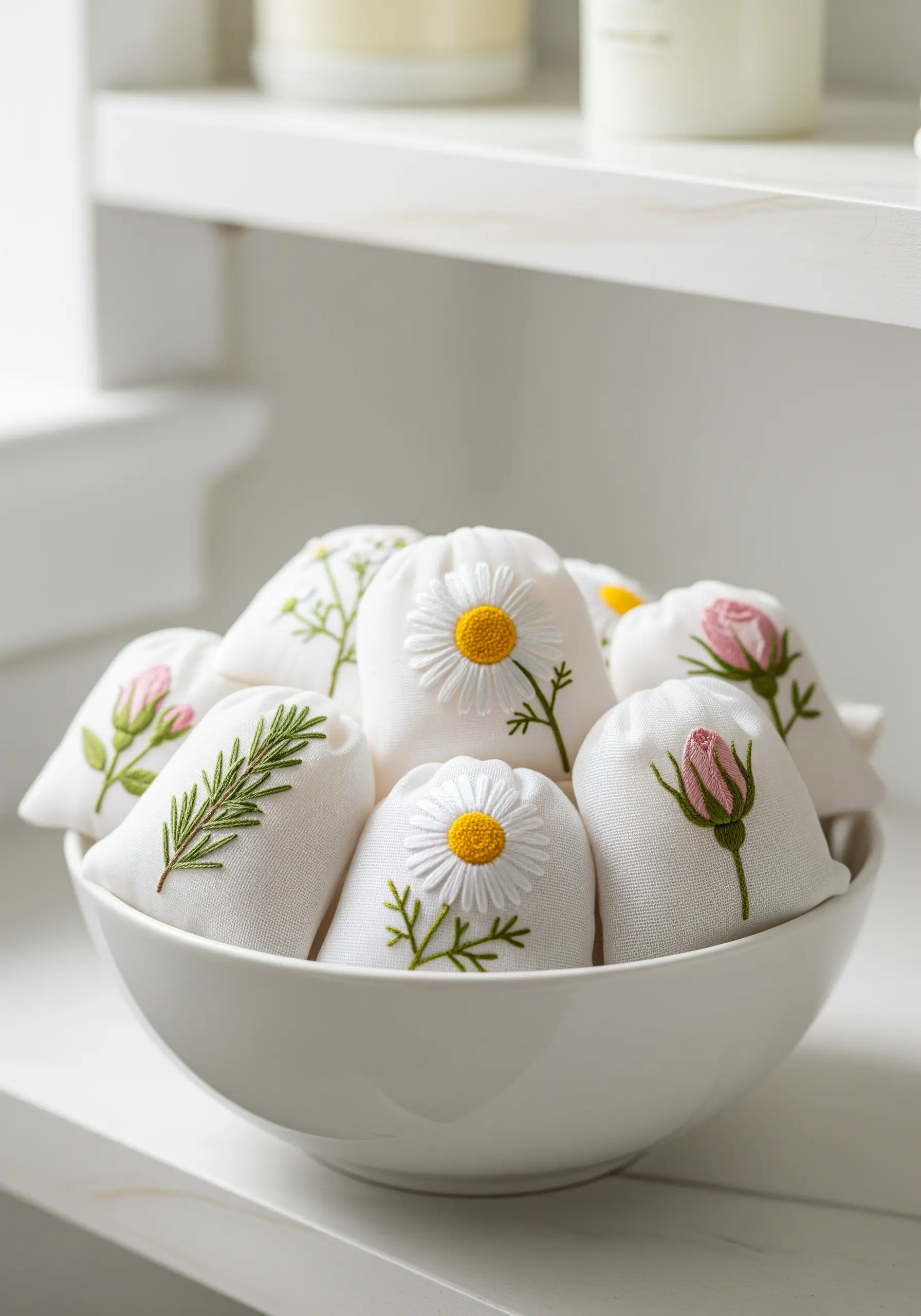 A white bowl filled with small, handmade sachets embroidered with simple flowers and herbs.