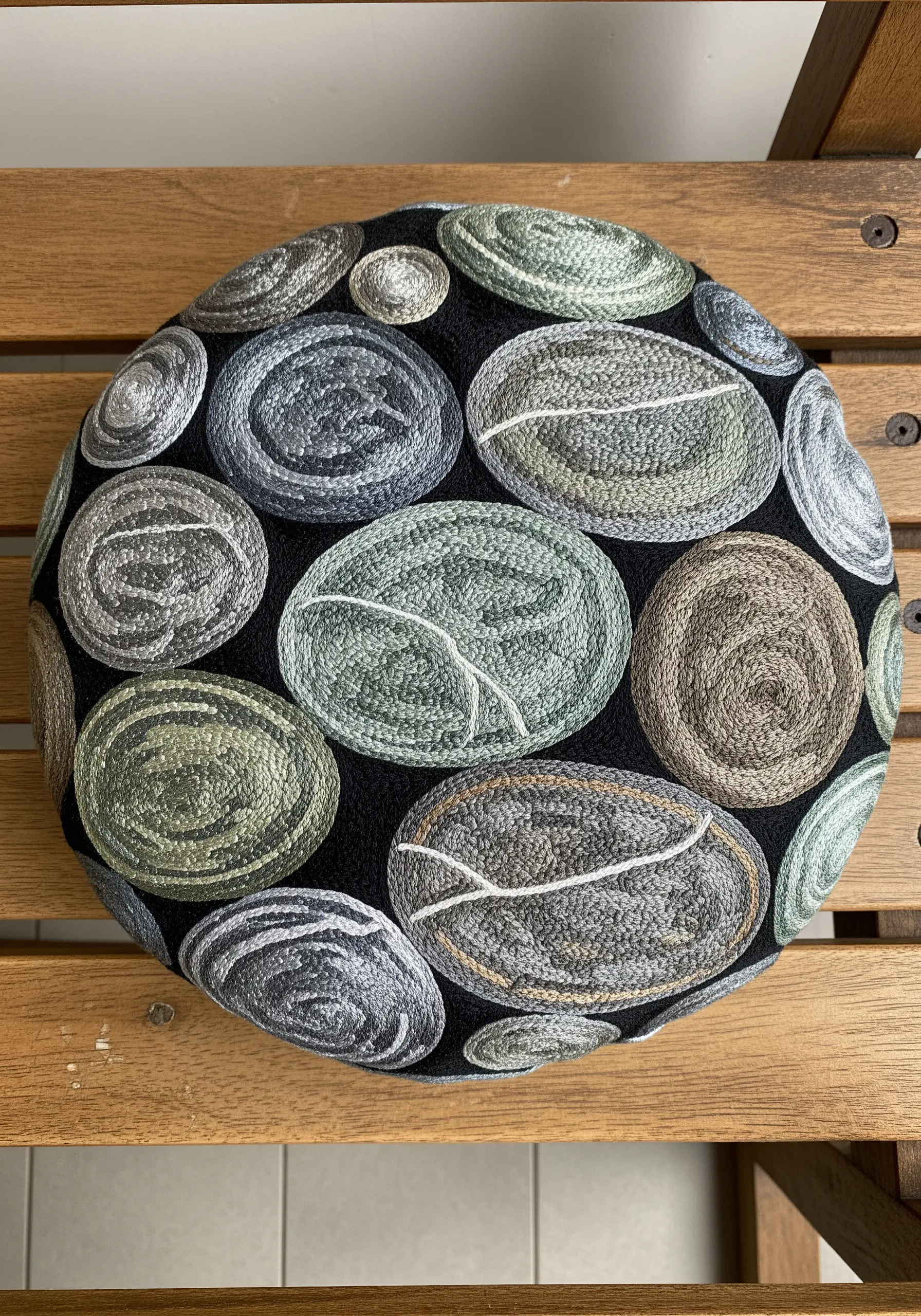A round cushion embroidered with smooth, coiled gray and green river stone patterns on black fabric.
