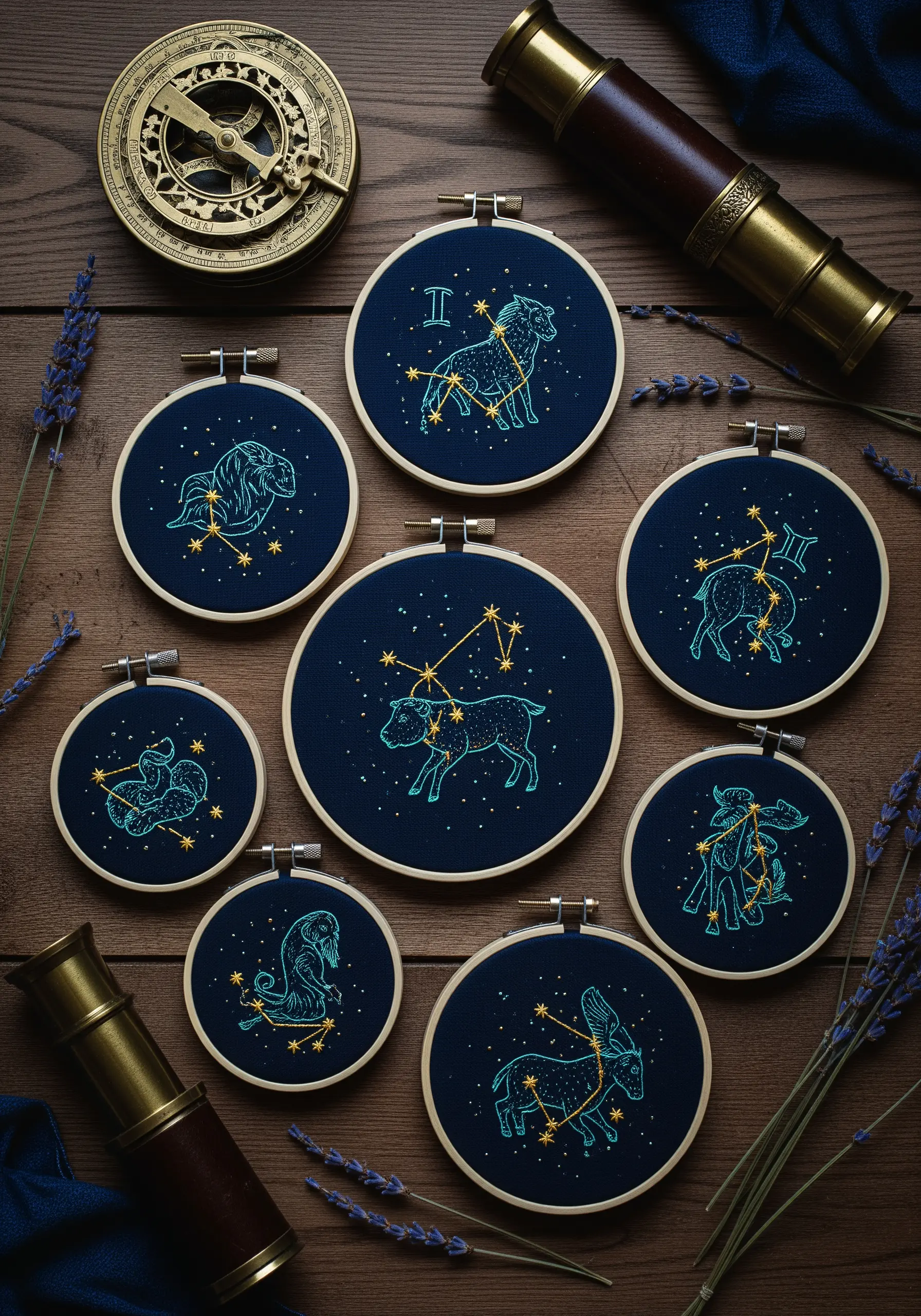 A collection of embroidery hoops showing zodiac constellations stitched in gold on navy blue fabric.