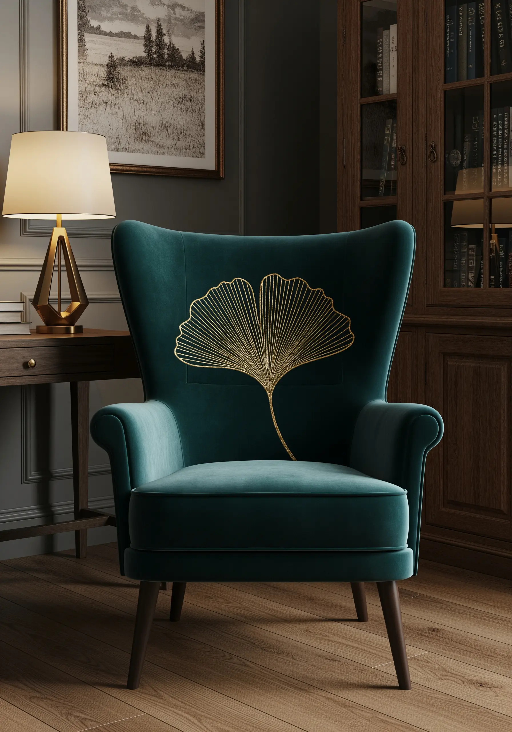 A single ginkgo leaf embroidered in gold metallic thread on a deep teal velvet armchair.