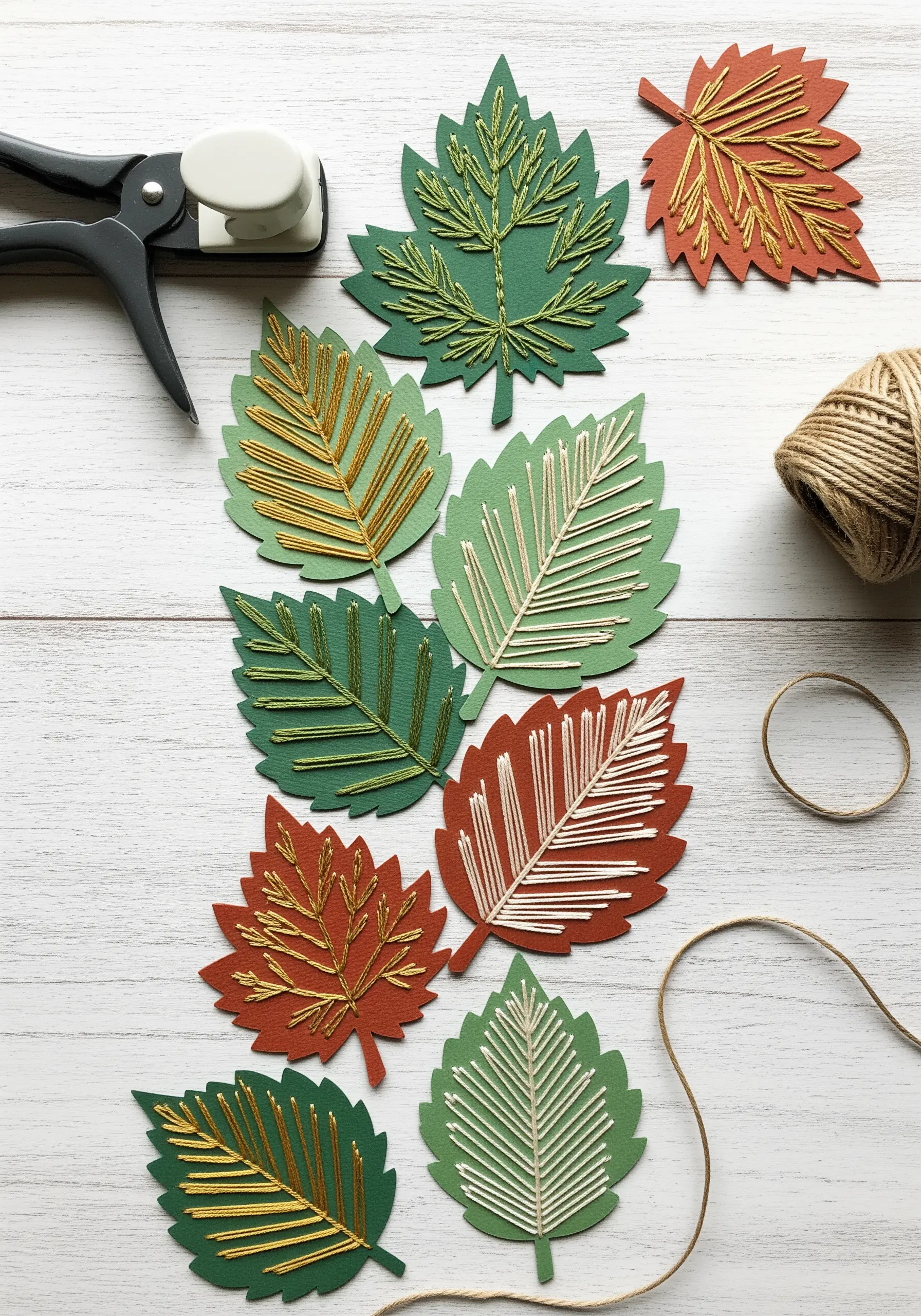 Green and rust-colored paper leaves decorated with embroidered veins in gold and white thread.