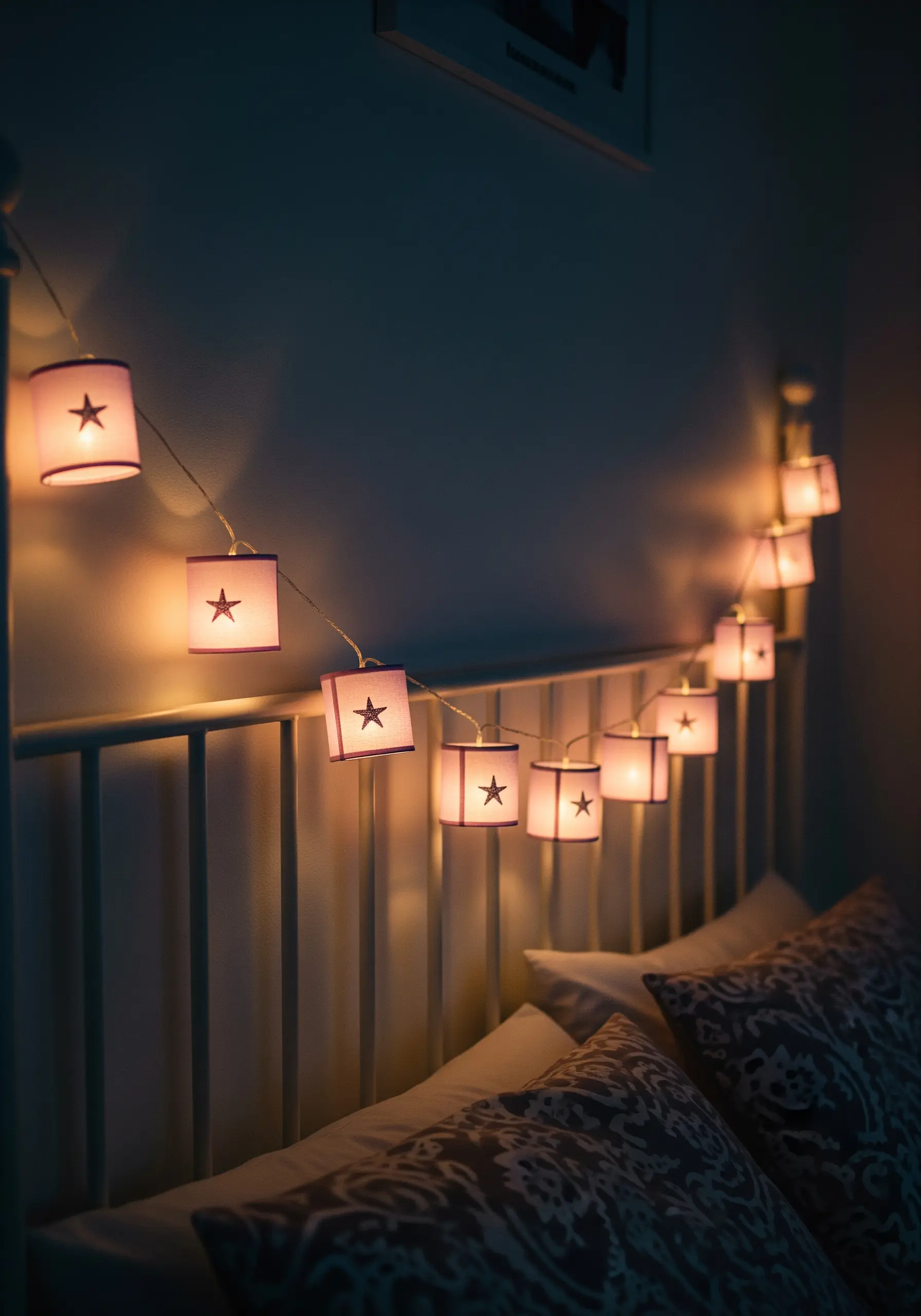 A string of small, illuminated fabric lanterns with embroidered stars hanging on a headboard.