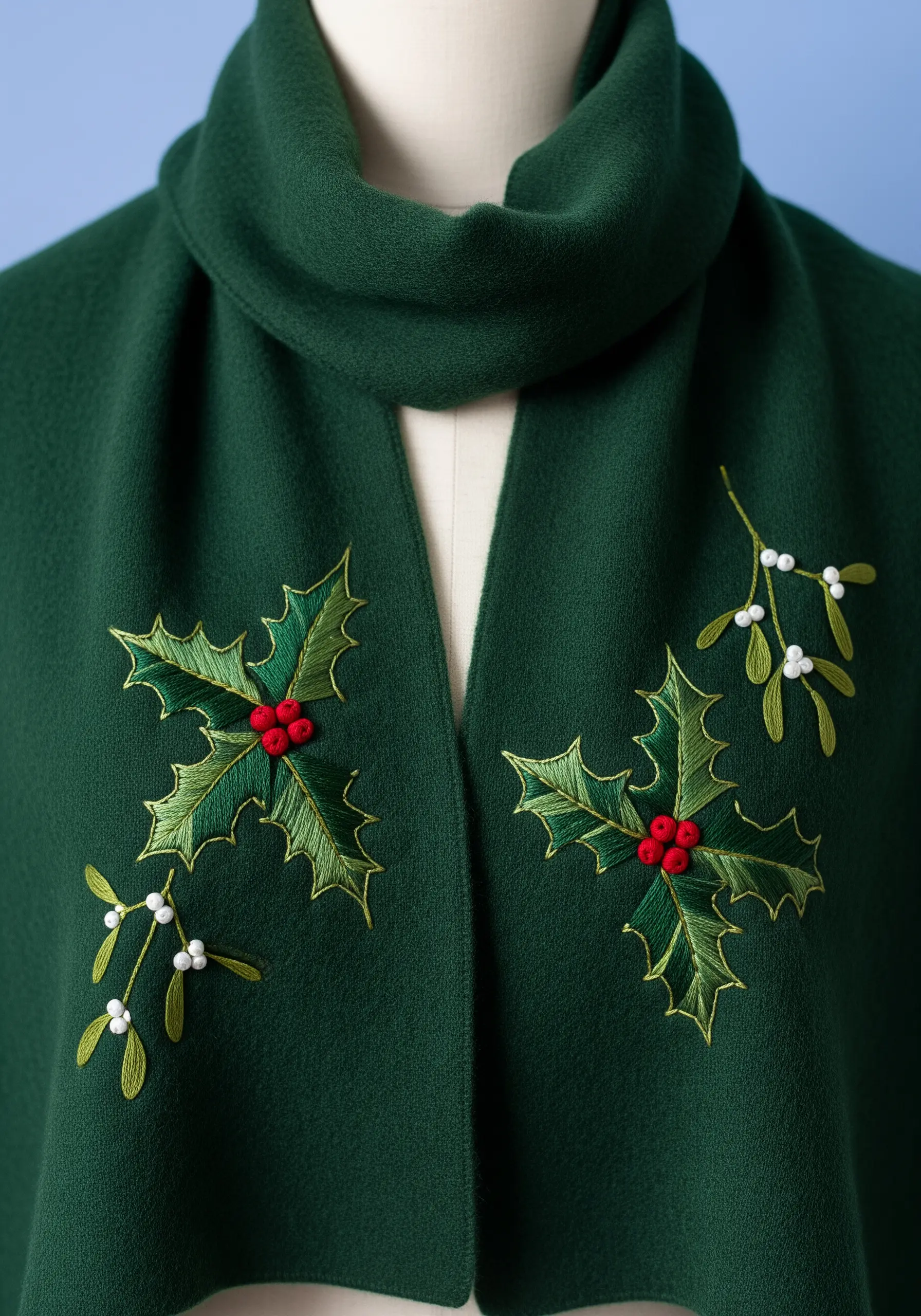 Embroidered holly and mistletoe with vibrant red and white berries on a dark green scarf.