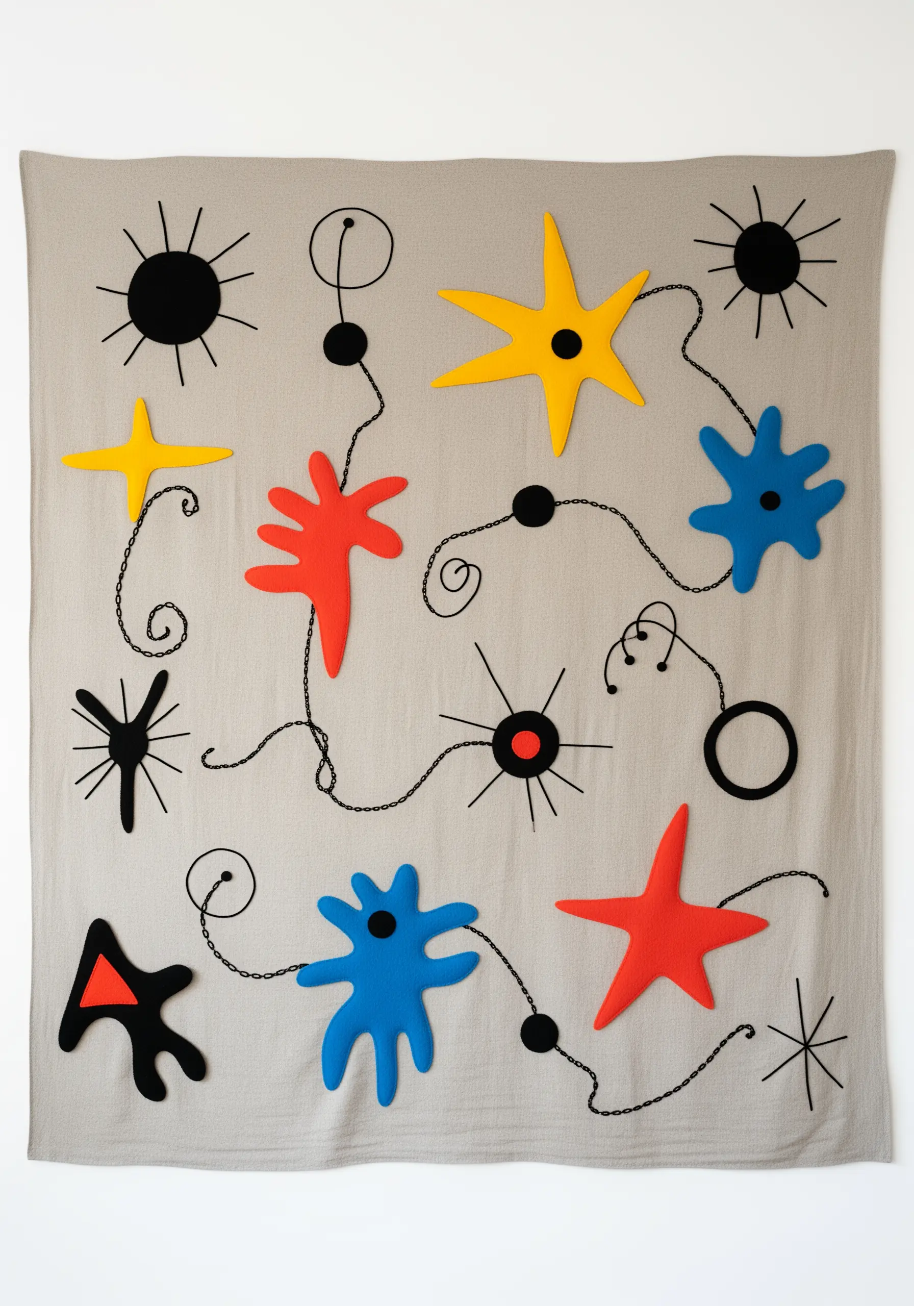 A fiber art tapestry inspired by Joan Miró, with appliqué shapes and clean black line stitching.
