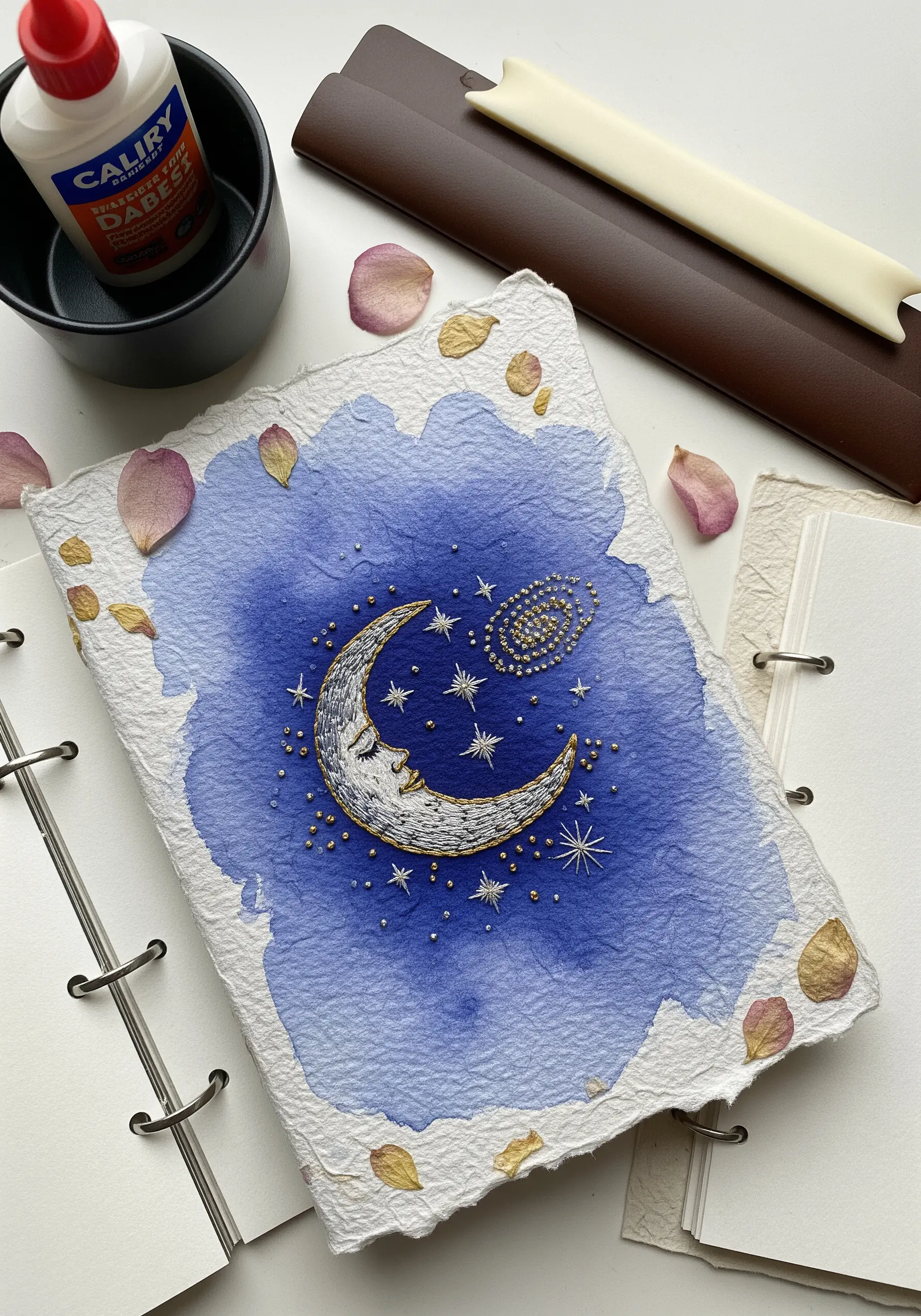 Gold thread and bead embroidery of a moon on blue watercolor handmade paper.