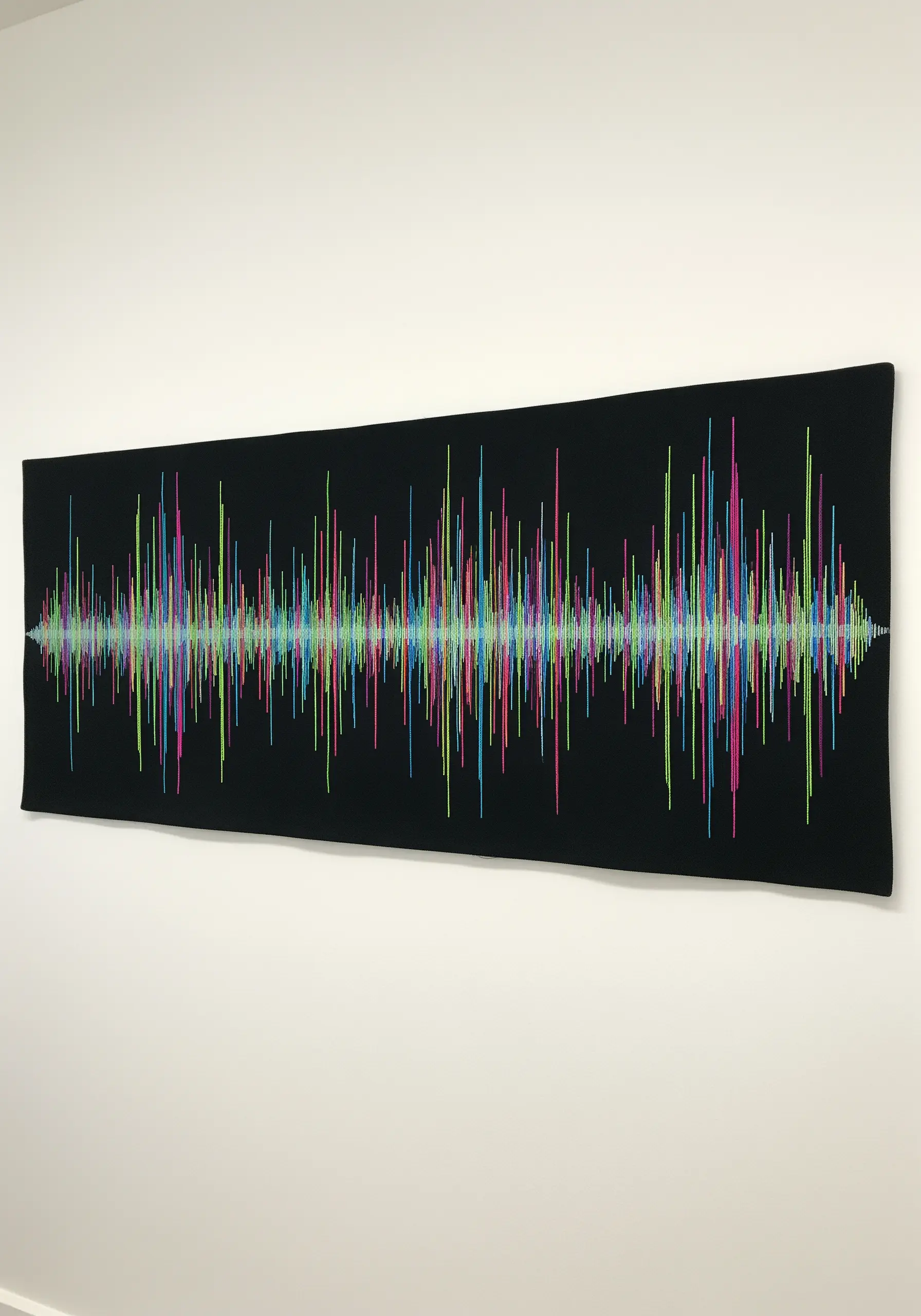A long, rectangular embroidery of a colorful soundwave on a black background.