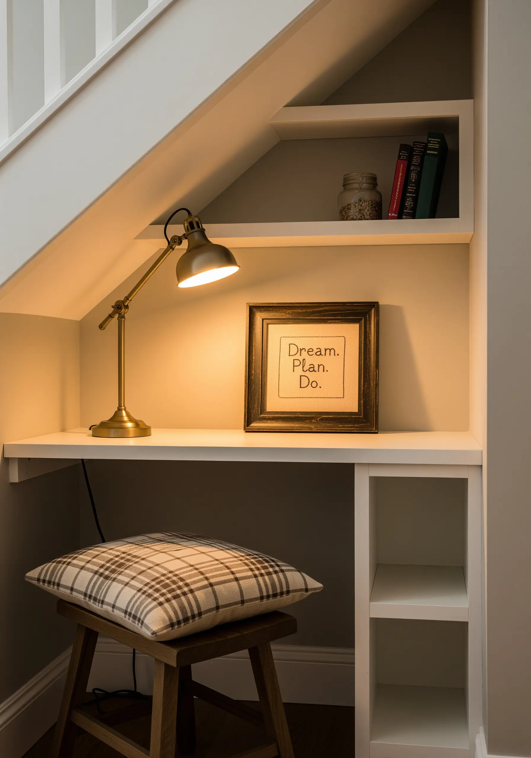 Simple backstitched quote 'Dream. Plan. Do.' in a dark, rustic wooden frame.