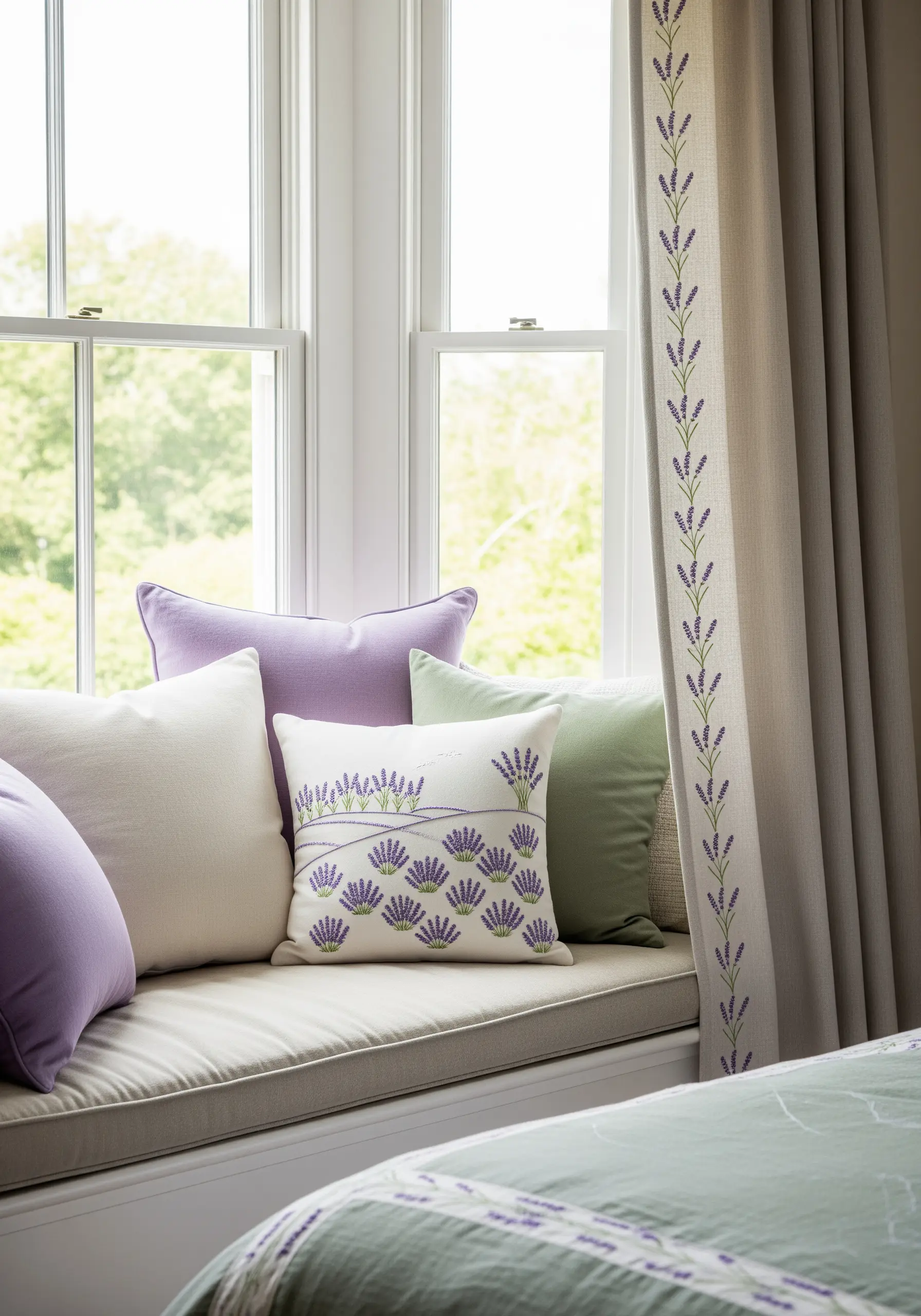 A window seat with pillows and curtains embroidered with matching lavender motifs.