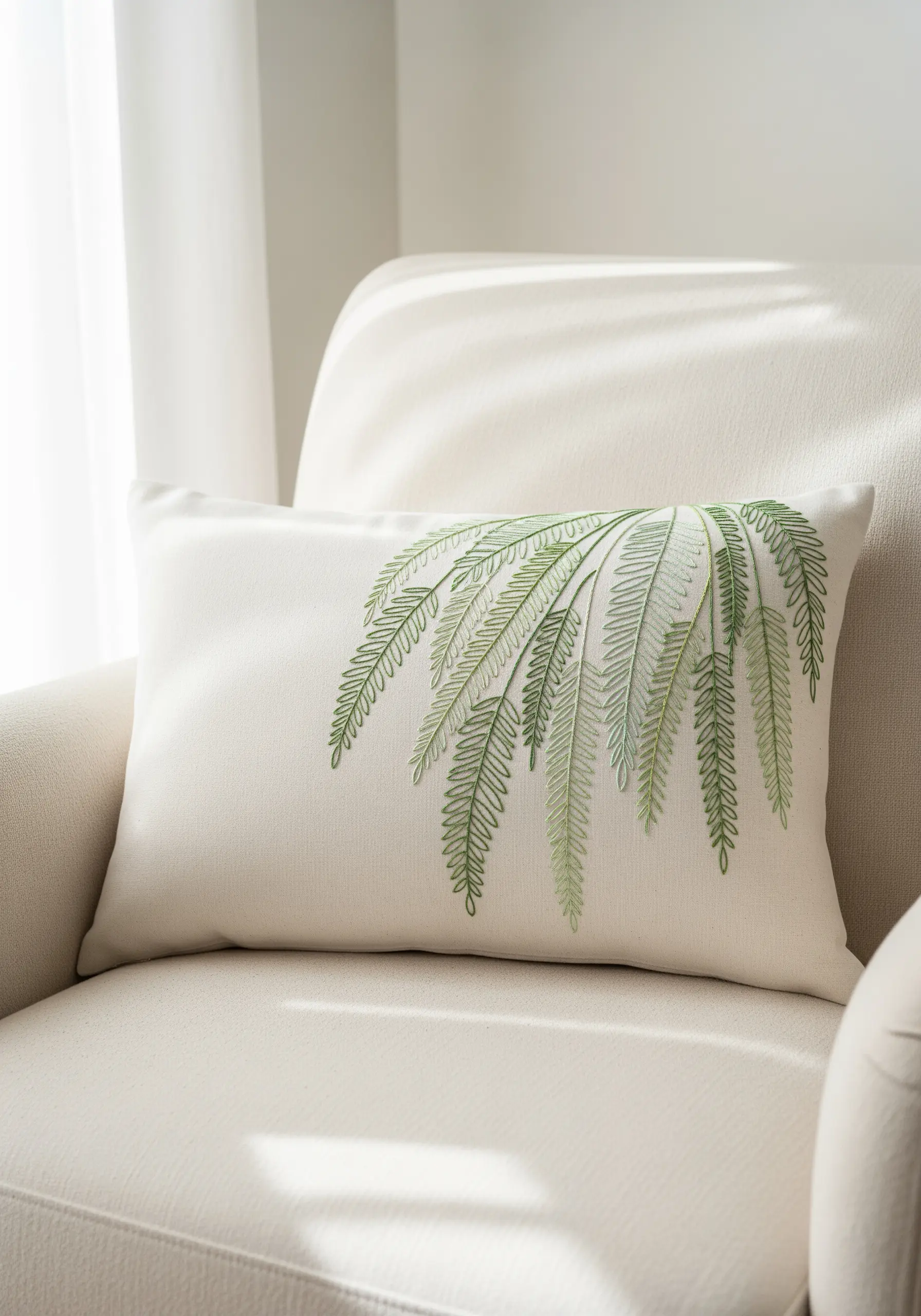 Delicate green fern leaf embroidered on a cream cushion with open stitches