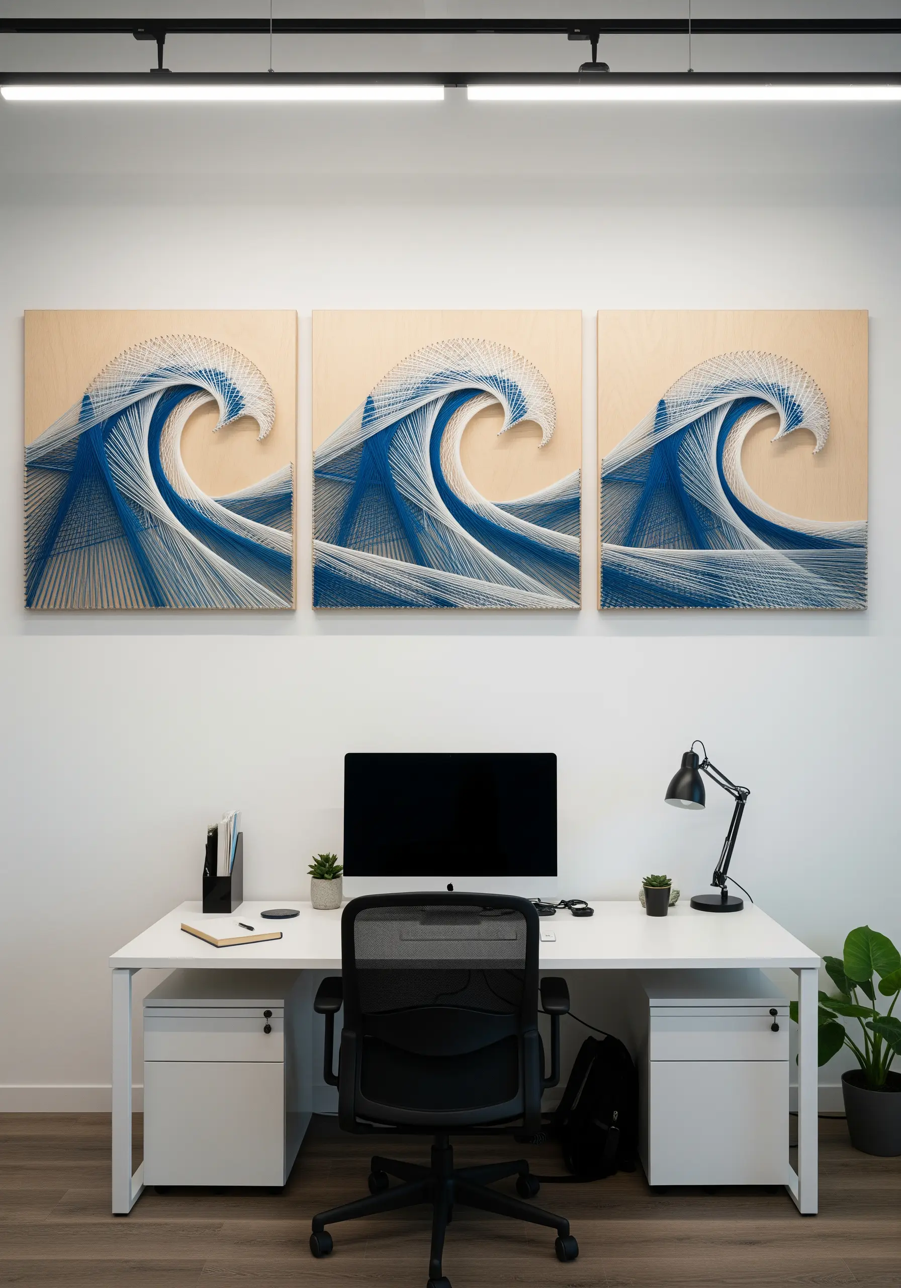 A triptych of three square string art panels depicting a stylized wave, hanging above an office desk.