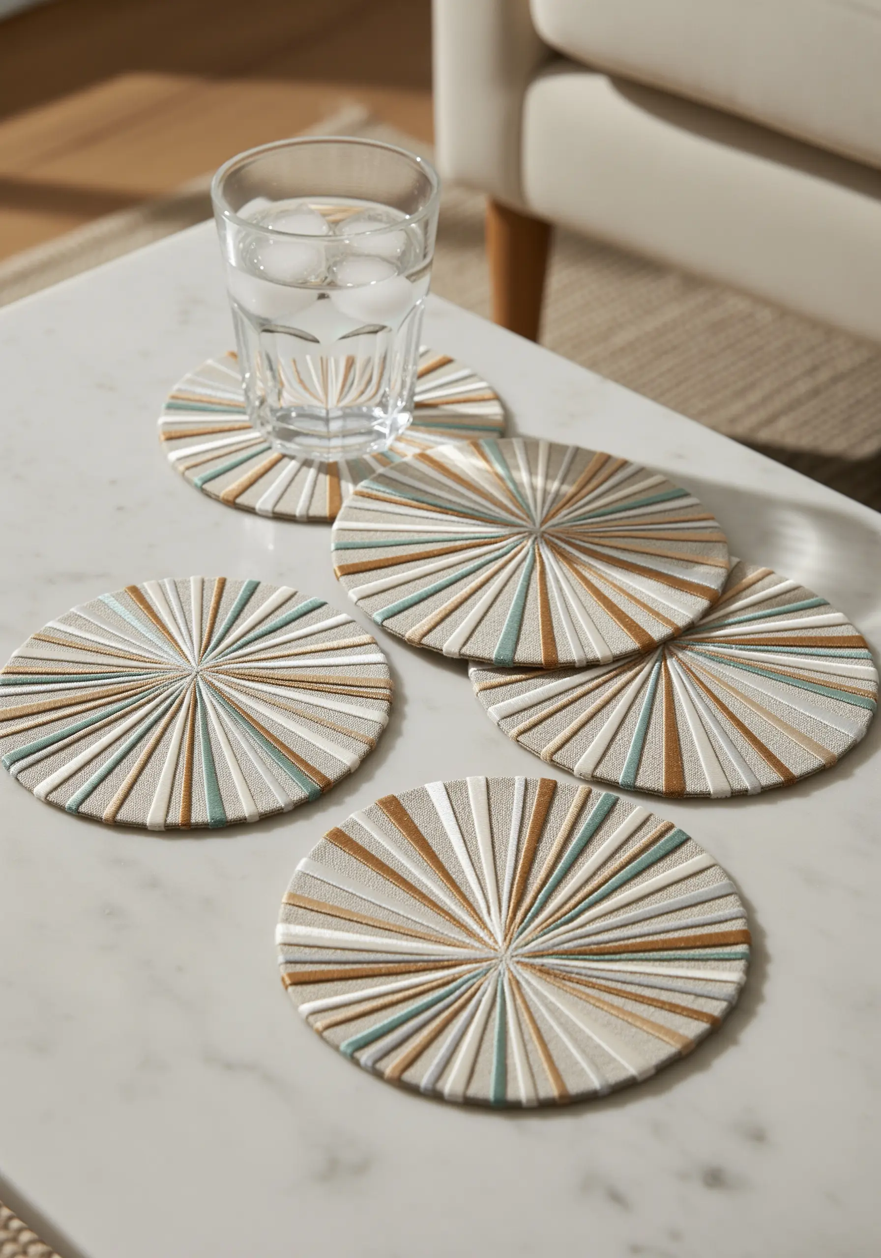Set of round embroidered coasters with radiating satin stitches in white, gold, and teal.