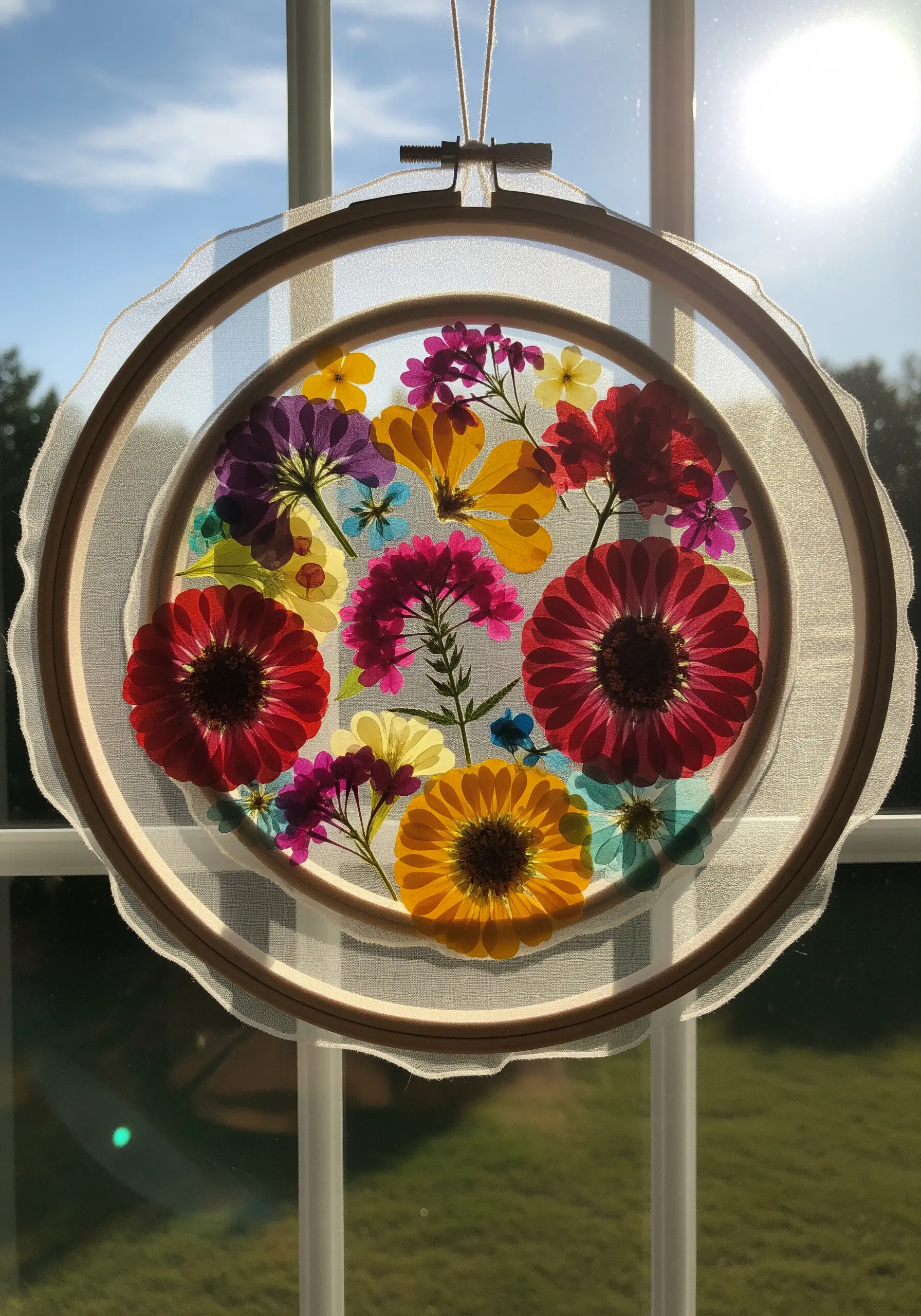 A stained-glass-like suncatcher made from pressed flowers layered between sheer fabric in a hoop.