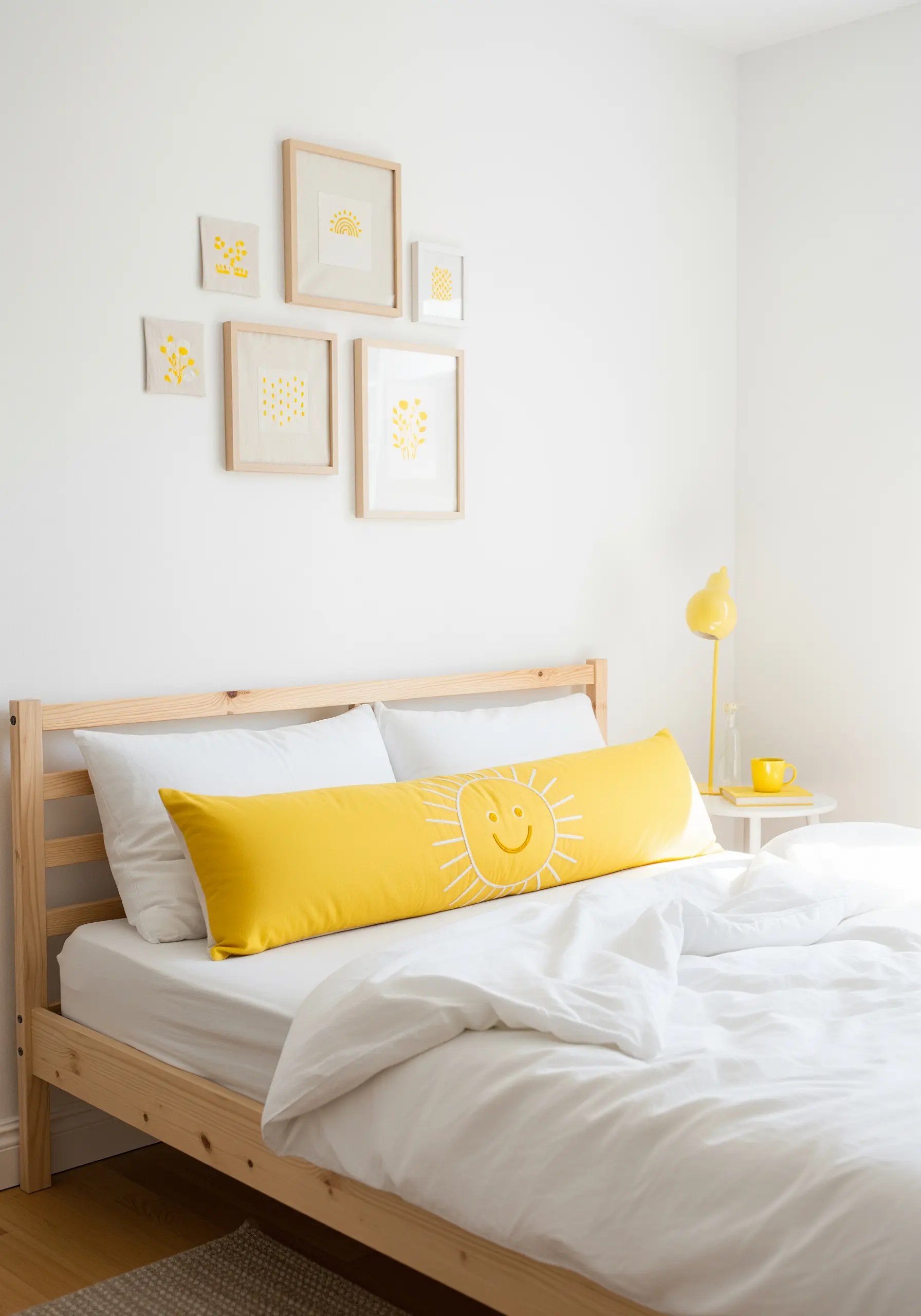 Minimalist sun motif embroidered in yellow thread on a long pillow in a bright white bedroom