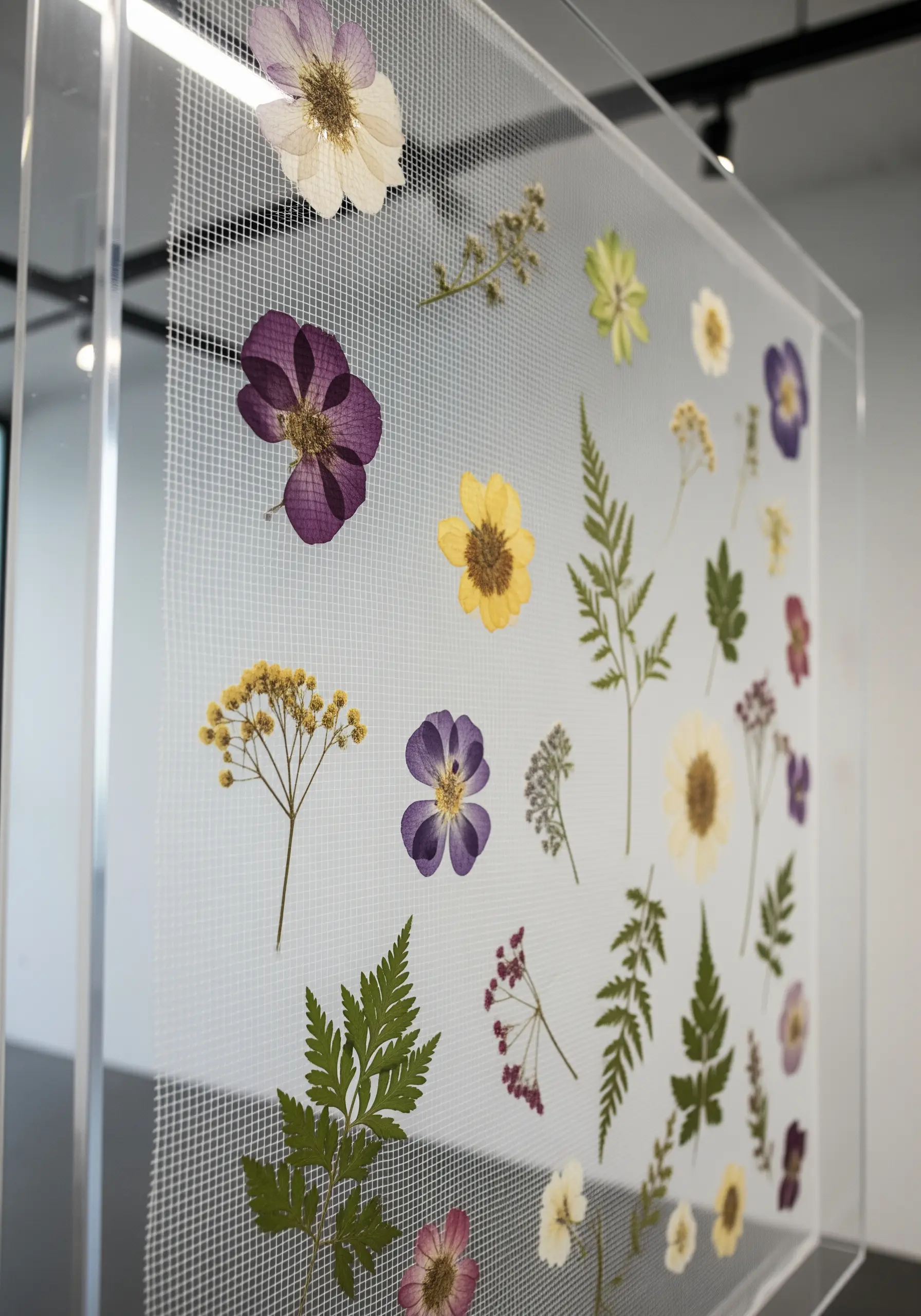 Pressed flowers suspended on a sheer mesh screen inside a clear acrylic box frame.
