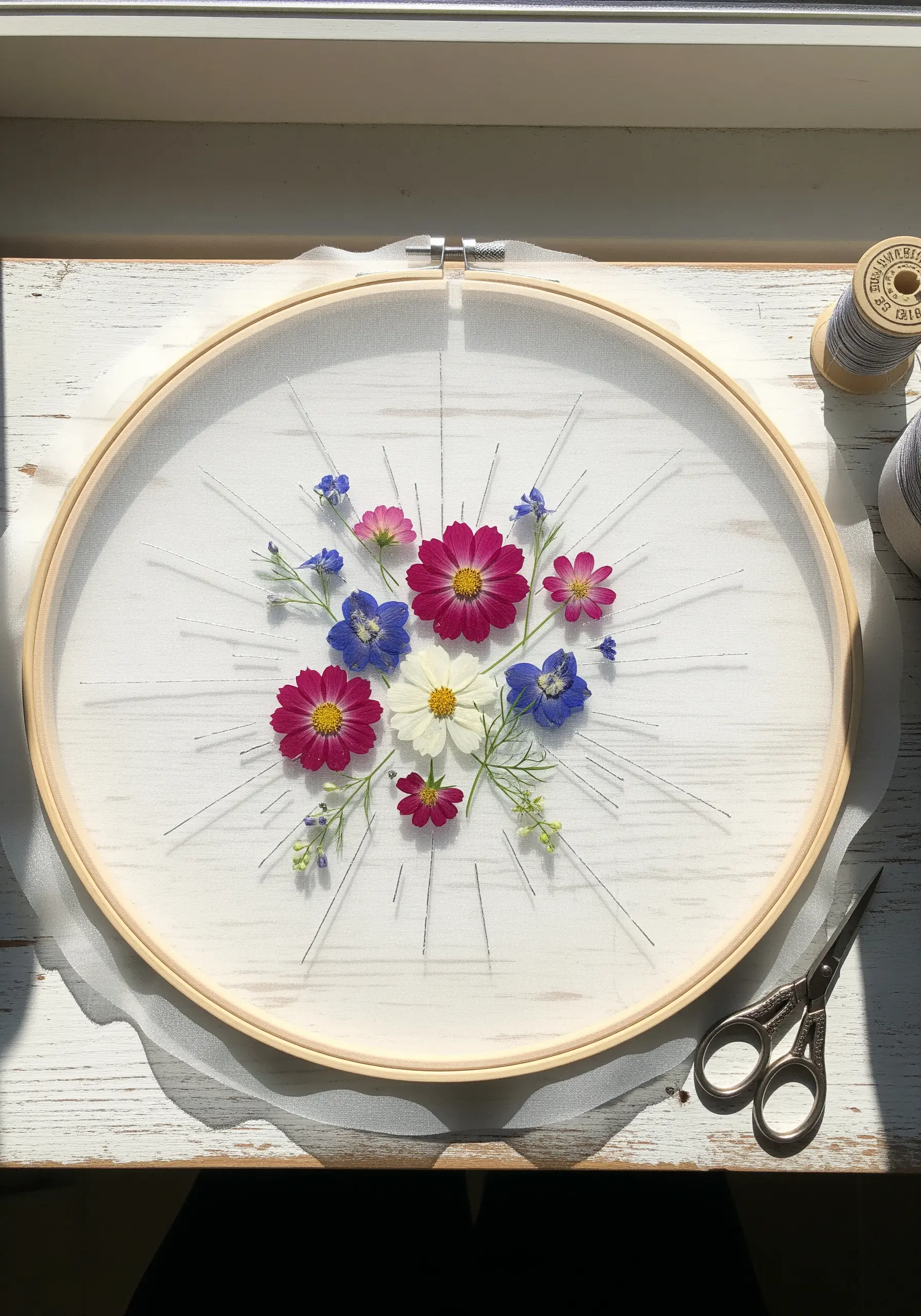 Pressed cosmos and forget-me-nots on sheer organza with radiating straight stitches.