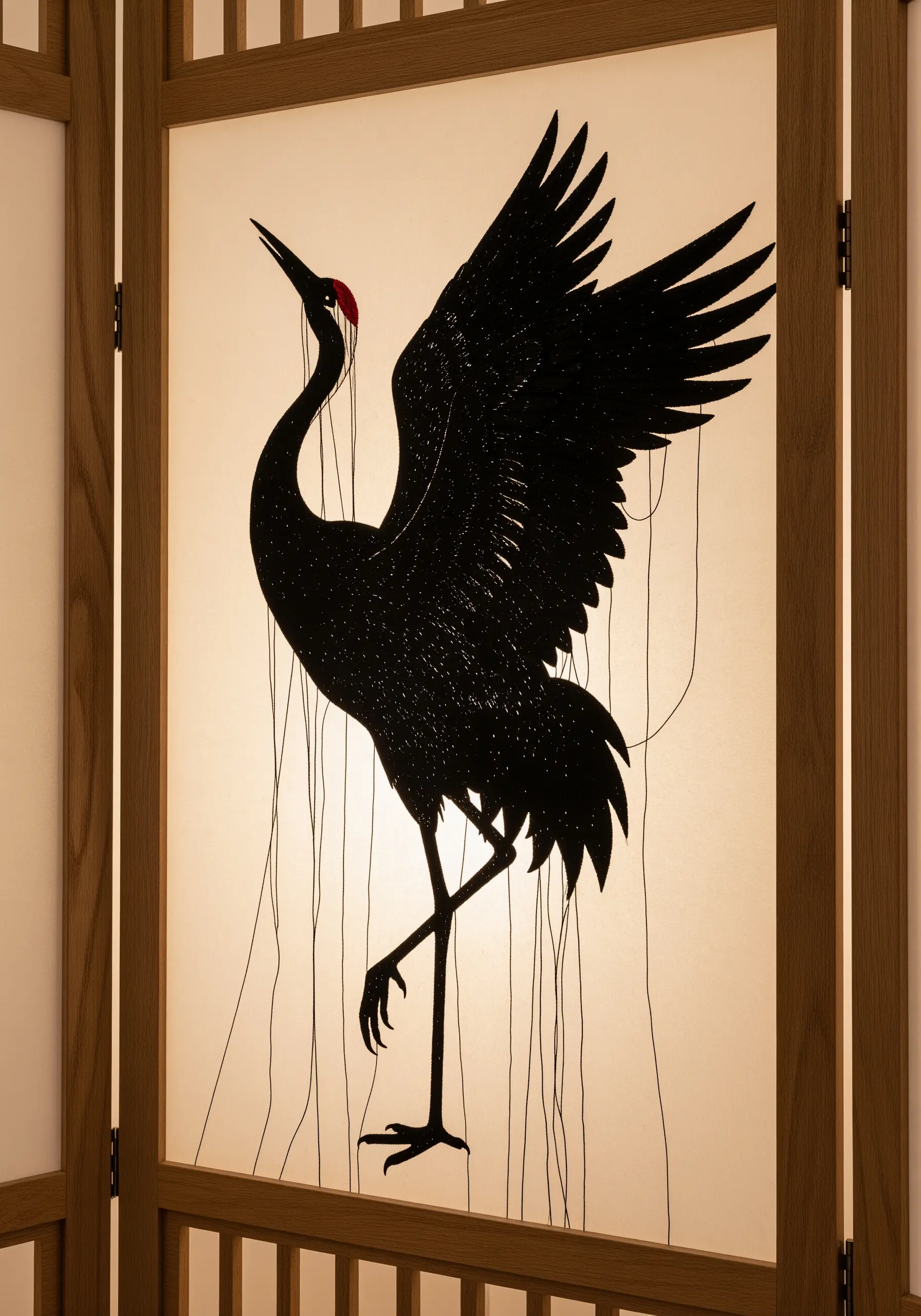 A black paper-cut crane against a backlit screen, with black threads pulling on its form.