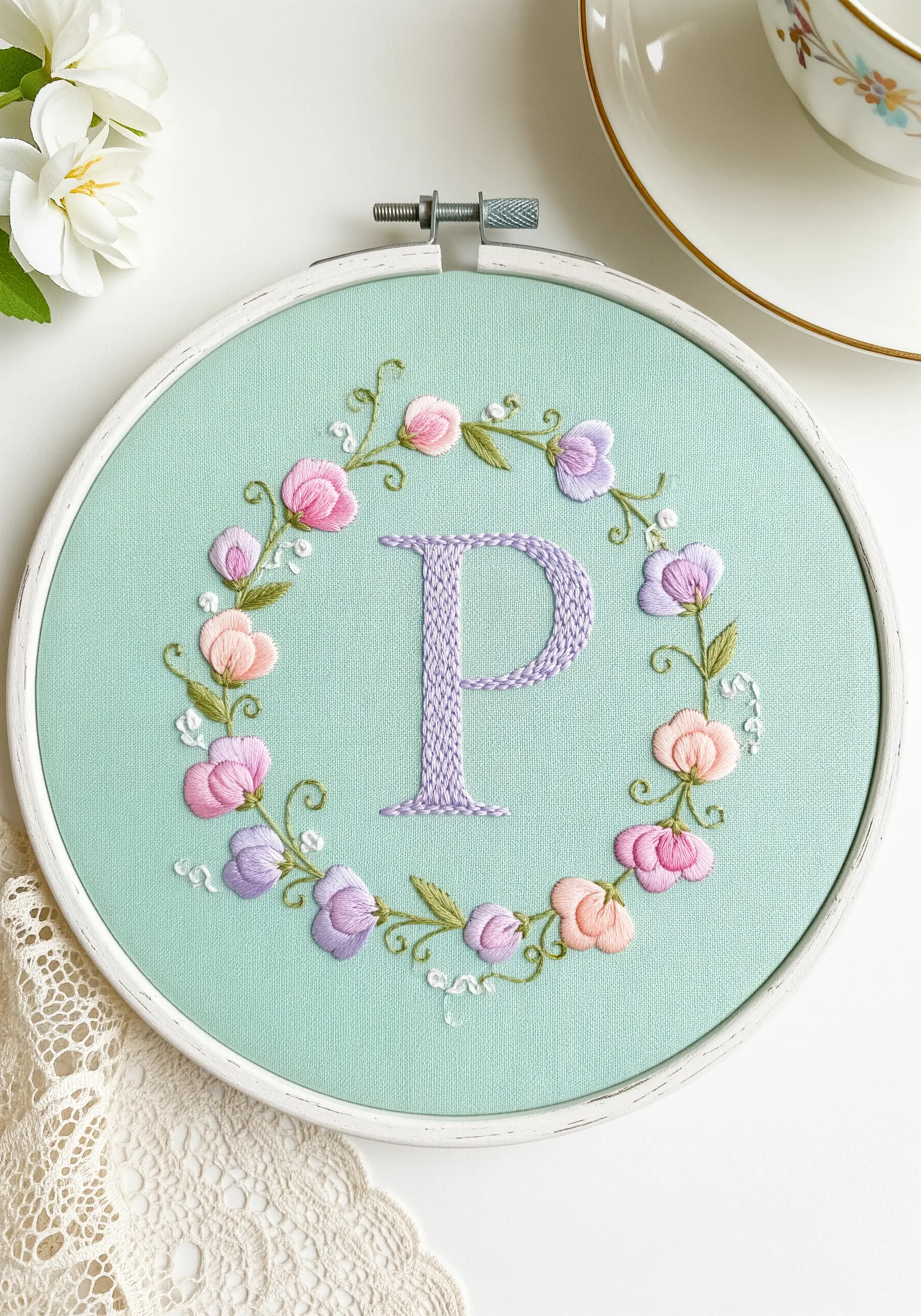 A pastel floral wreath of sweet peas surrounding a lavender letter P on mint green fabric.