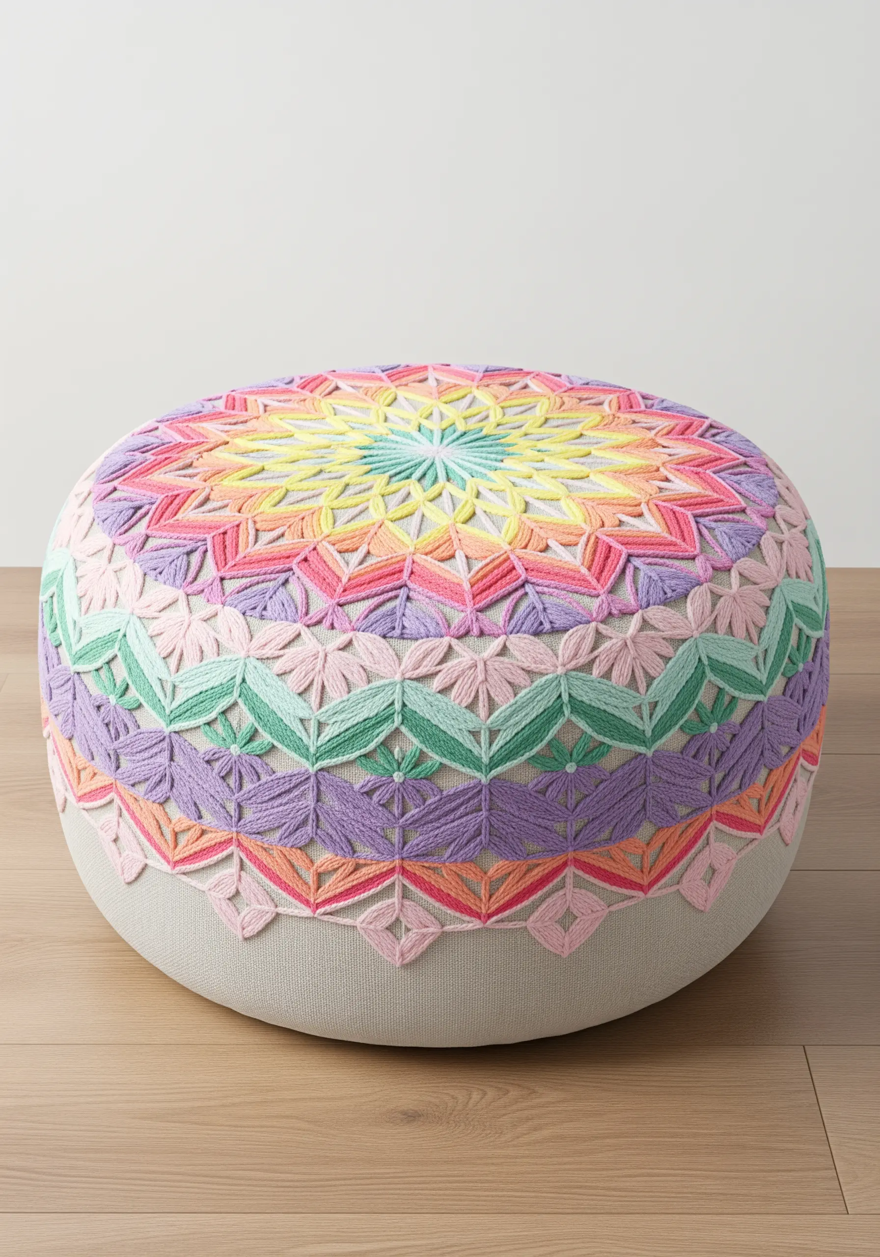 A floor pouf covered in a geometric mandala pattern of pastel rainbow embroidery.