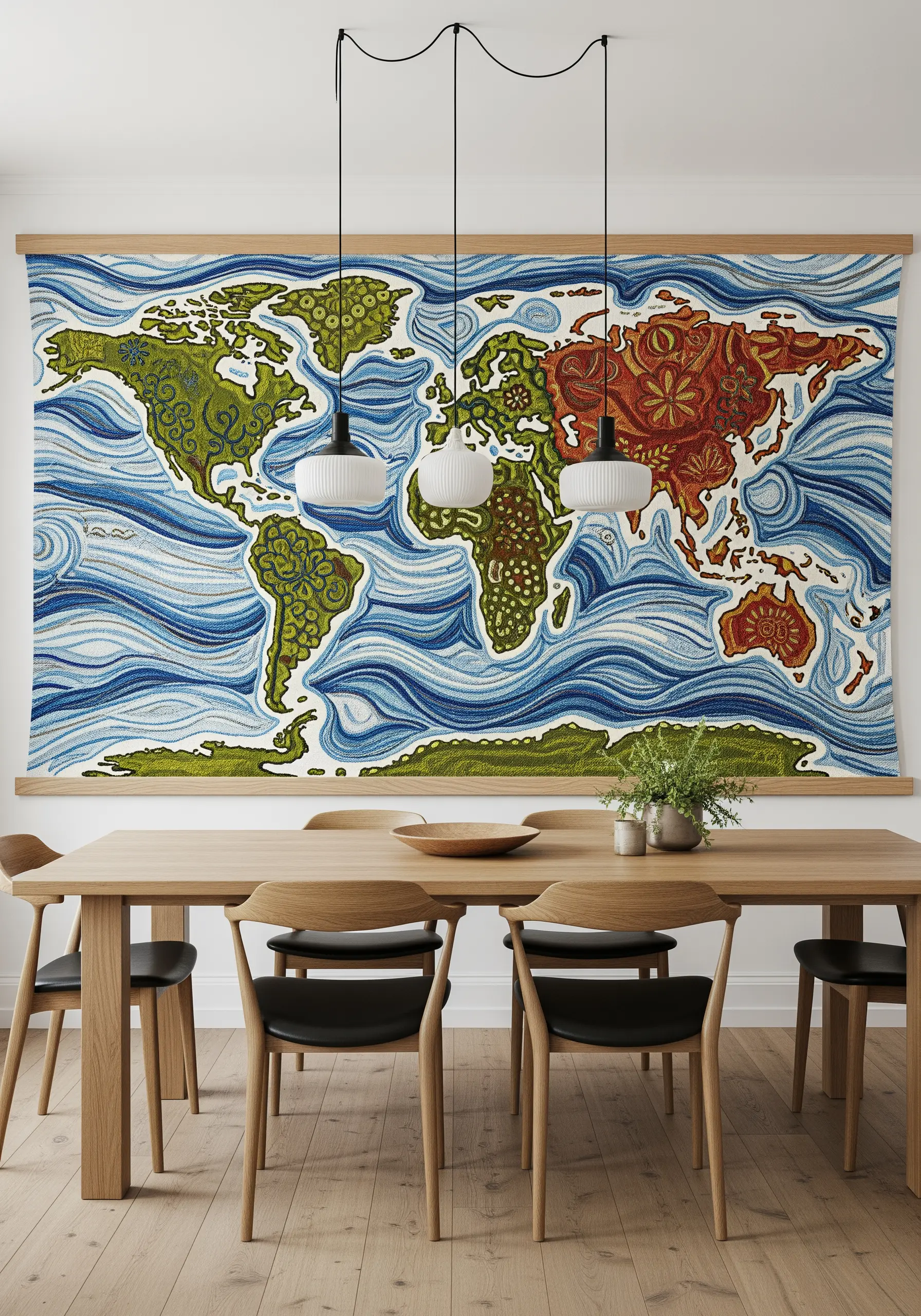 A very large embroidered world map tapestry hanging in a dining room.