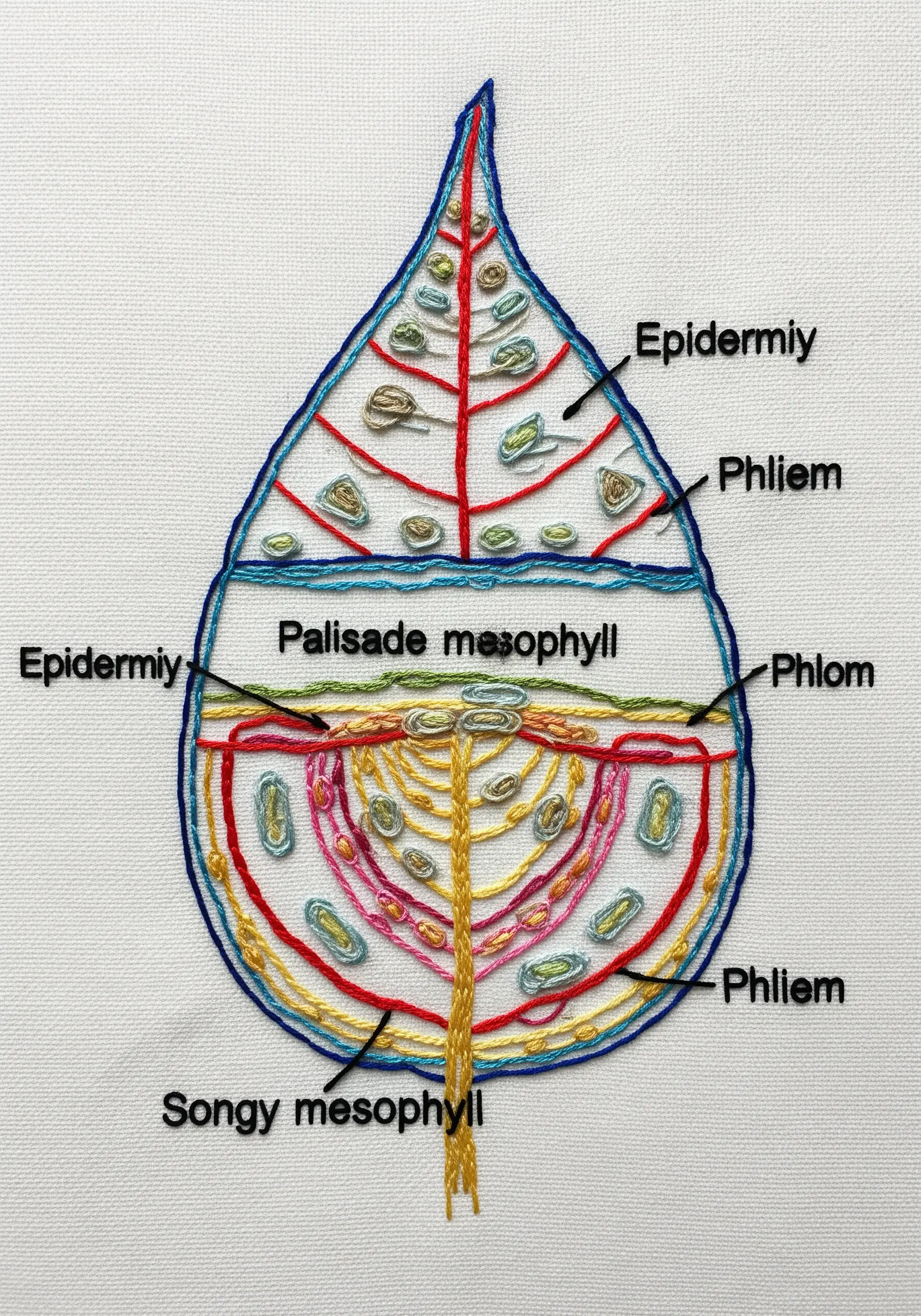 An anatomical diagram of a leaf's cross-section, stitched and labeled with embroidery.