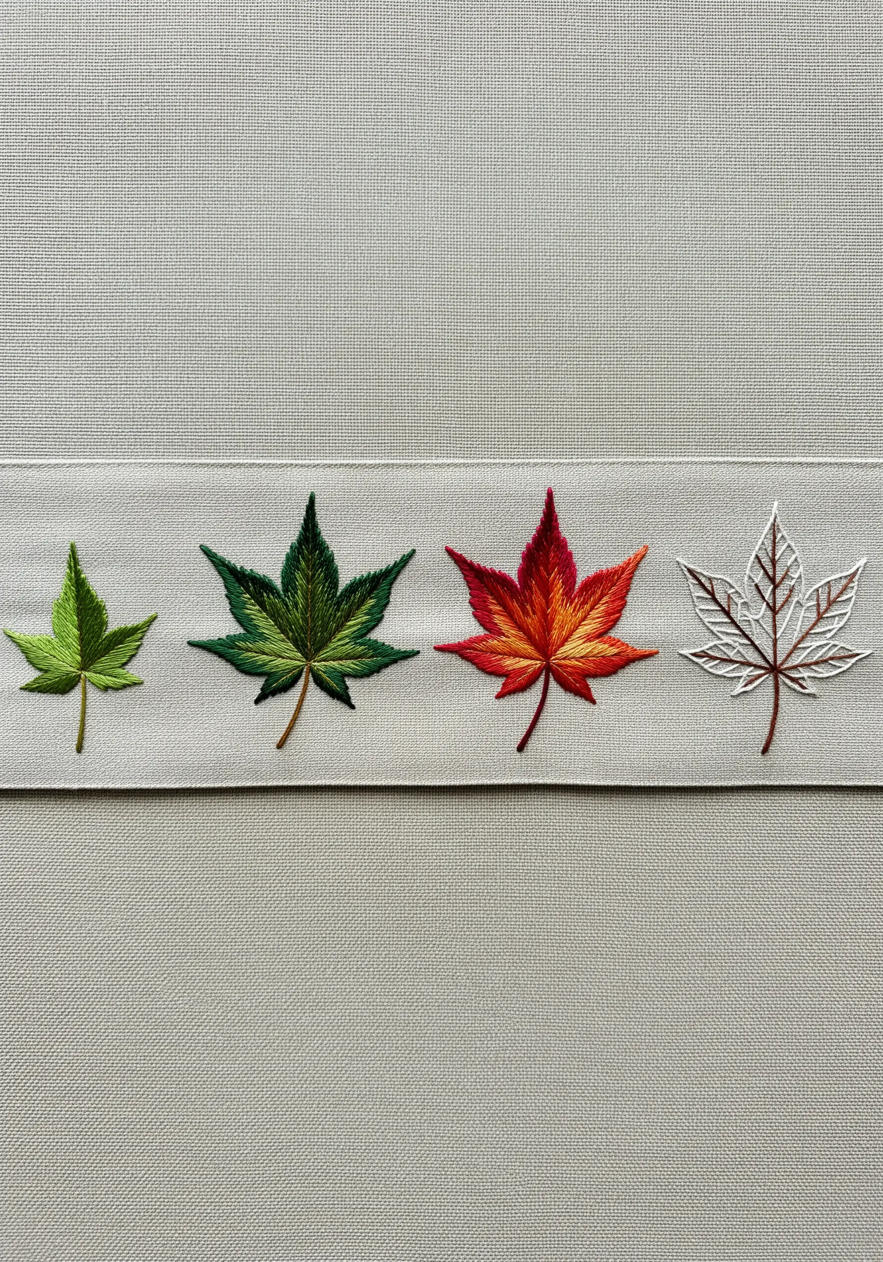 Four maple leaves embroidered in a row showing seasonal color changes