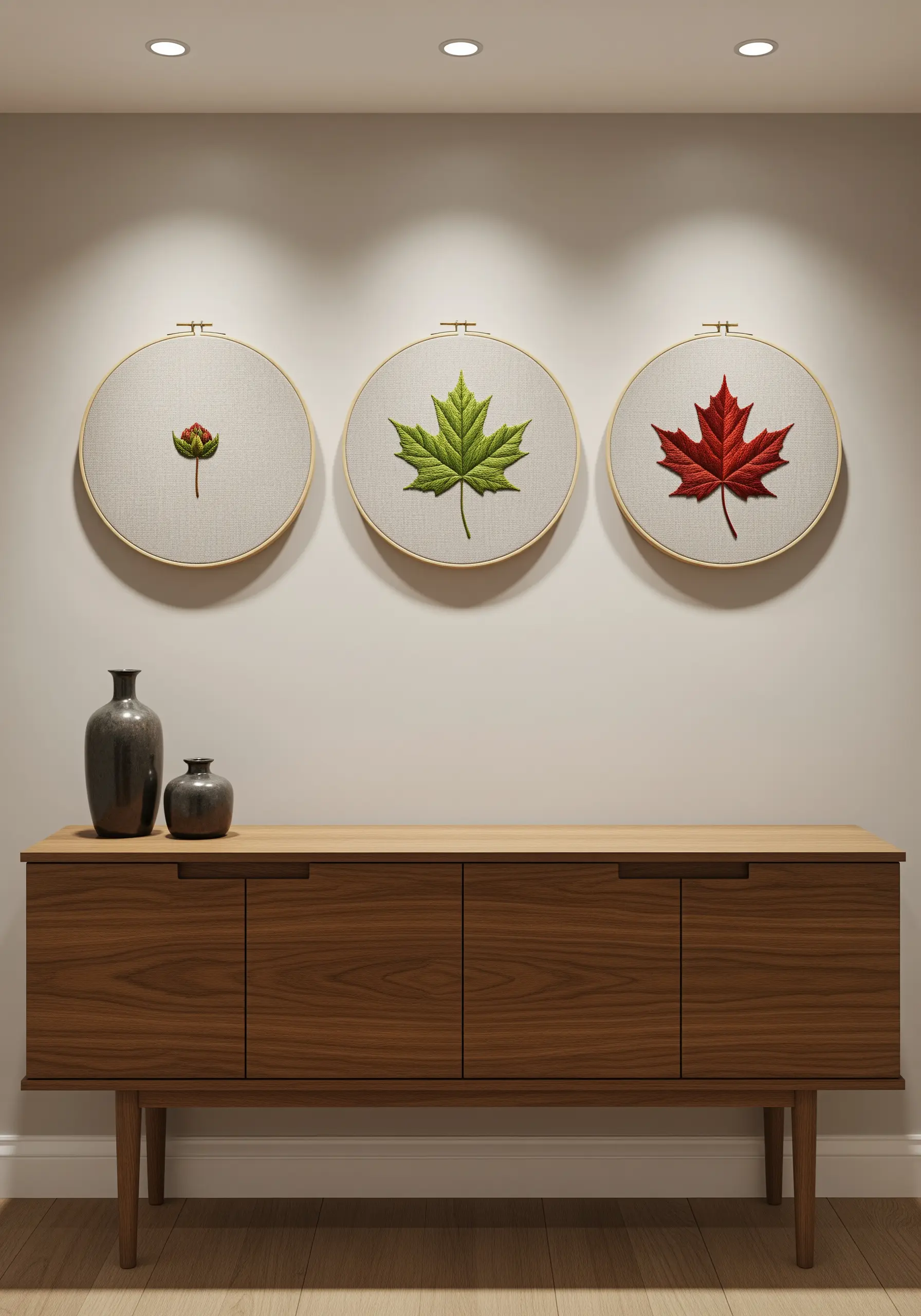 Three embroidery hoops showing the life cycle of a maple leaf from bud to green to red.