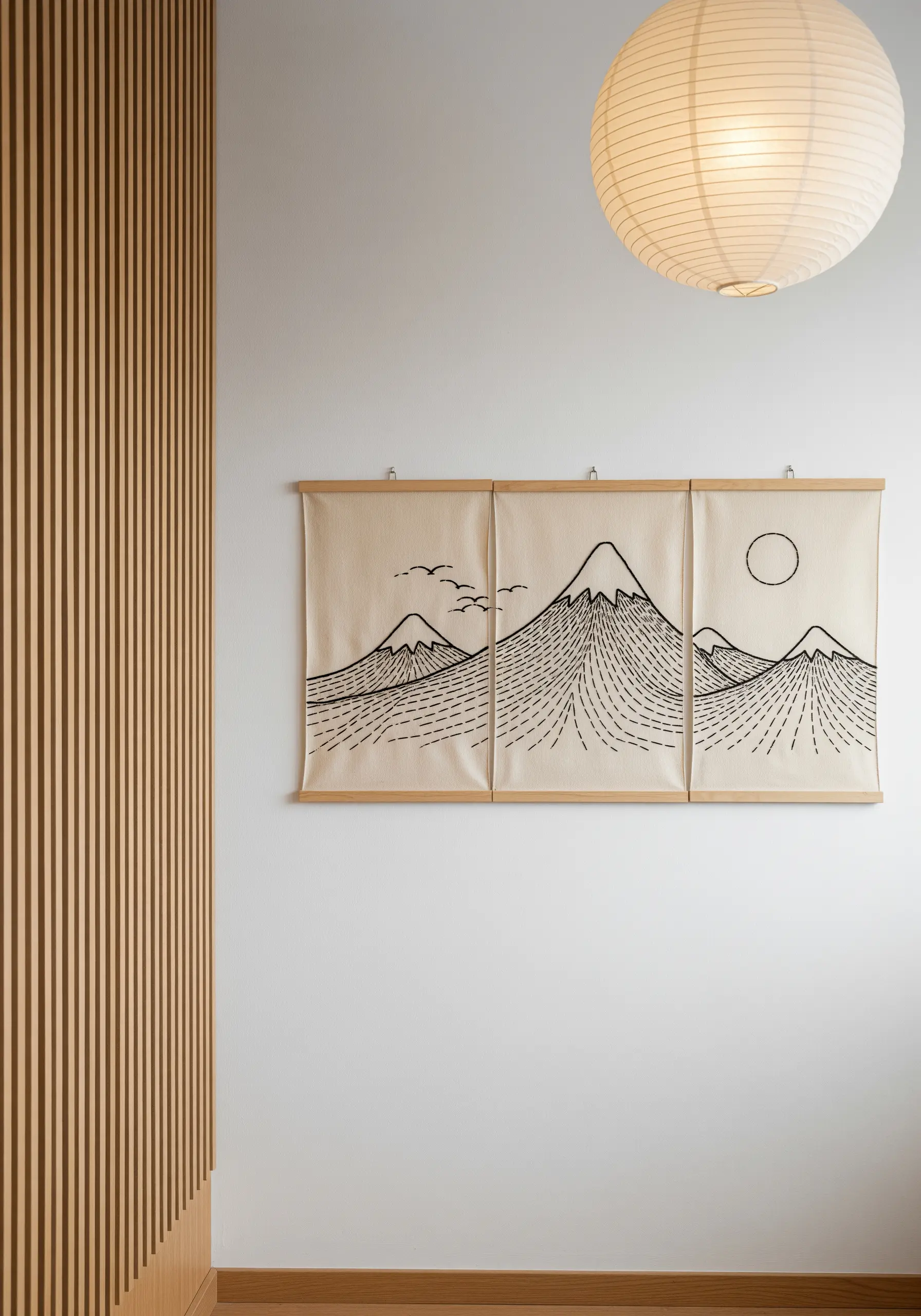 A three-panel wall hanging with a continuous line art drawing of mountains embroidered in black thread.