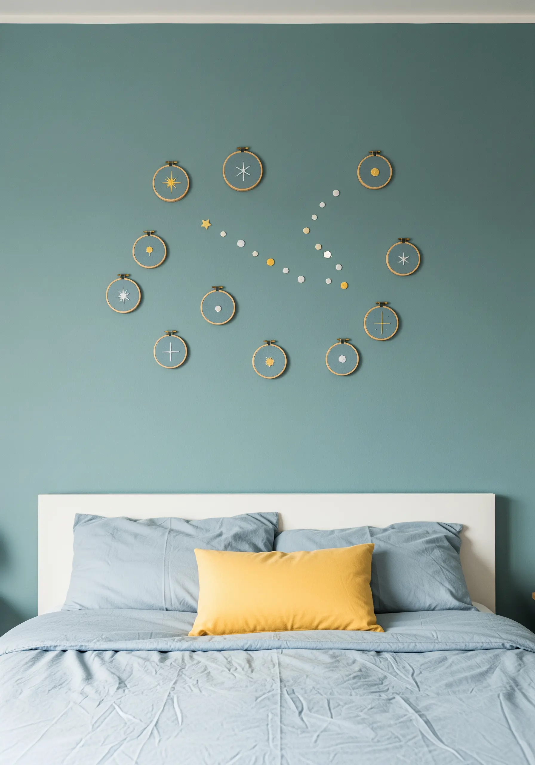 A collection of small embroidery hoops arranged on a wall to form the Taurus constellation.