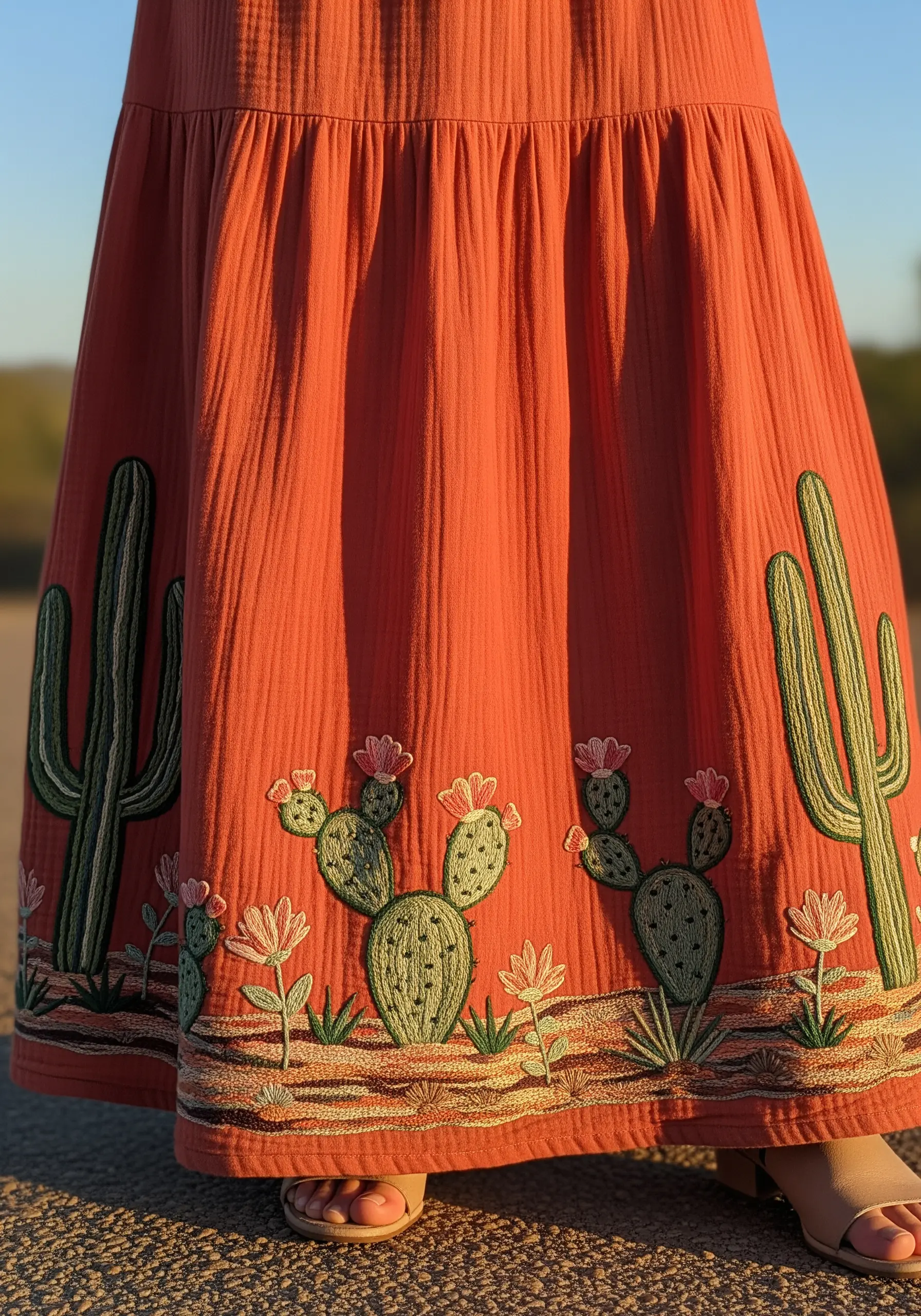 Desert landscape embroidery with cacti and flowers on the hem of a terracotta skirt