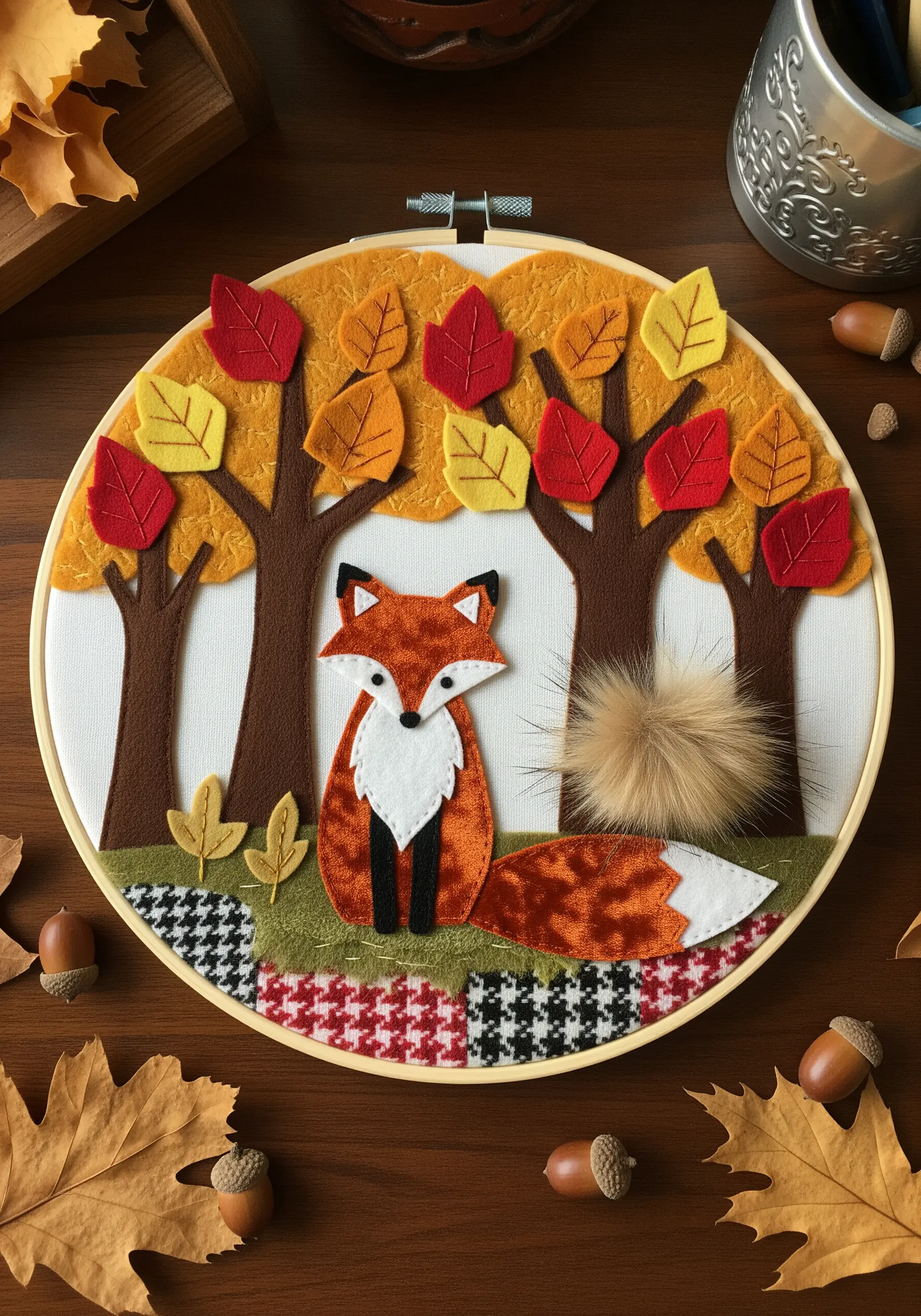 Felt appliqué of an autumn fox scene with a faux fur pom-pom detail