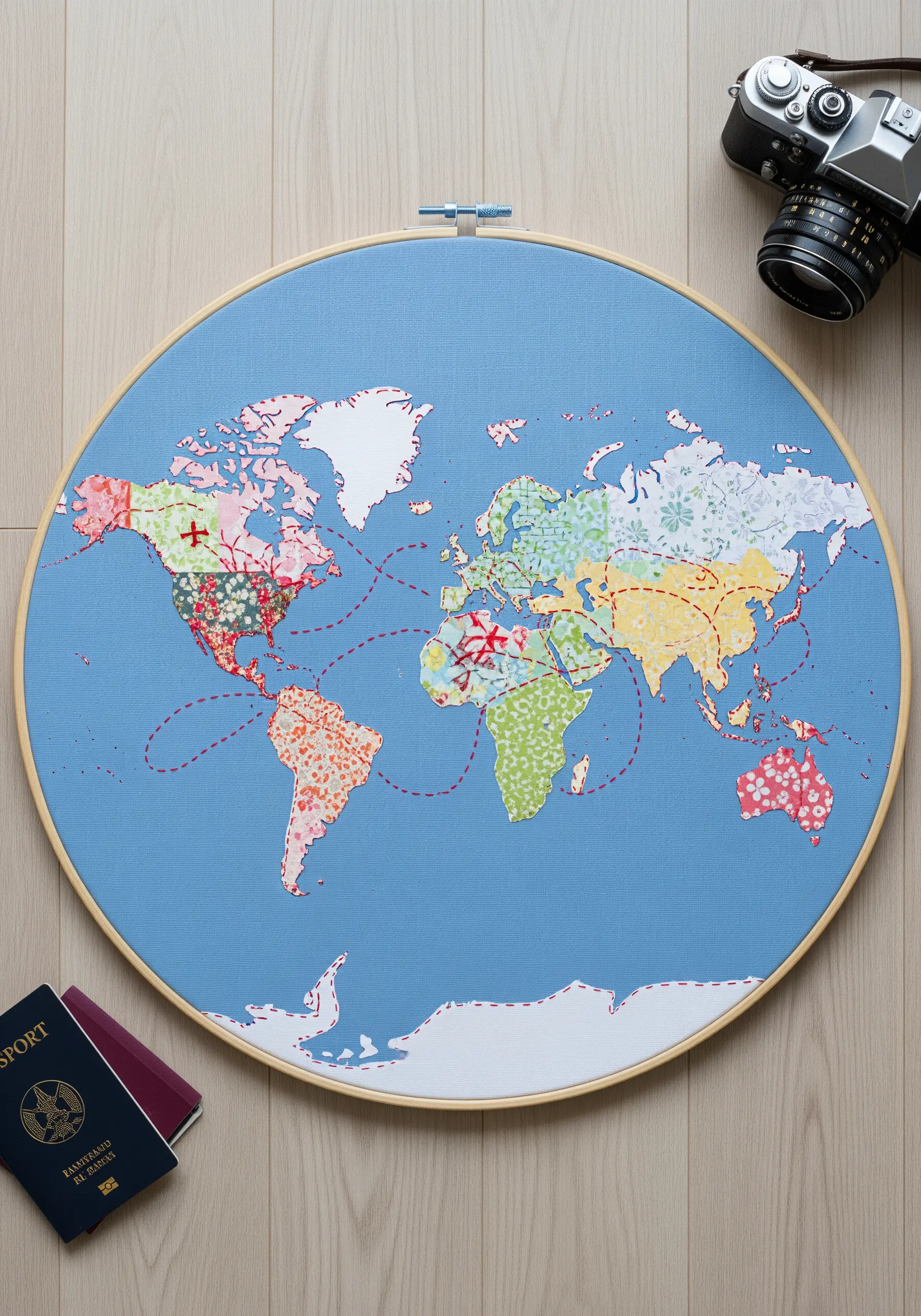 World map made from patterned fabric collage with a red dashed line stitched across it.