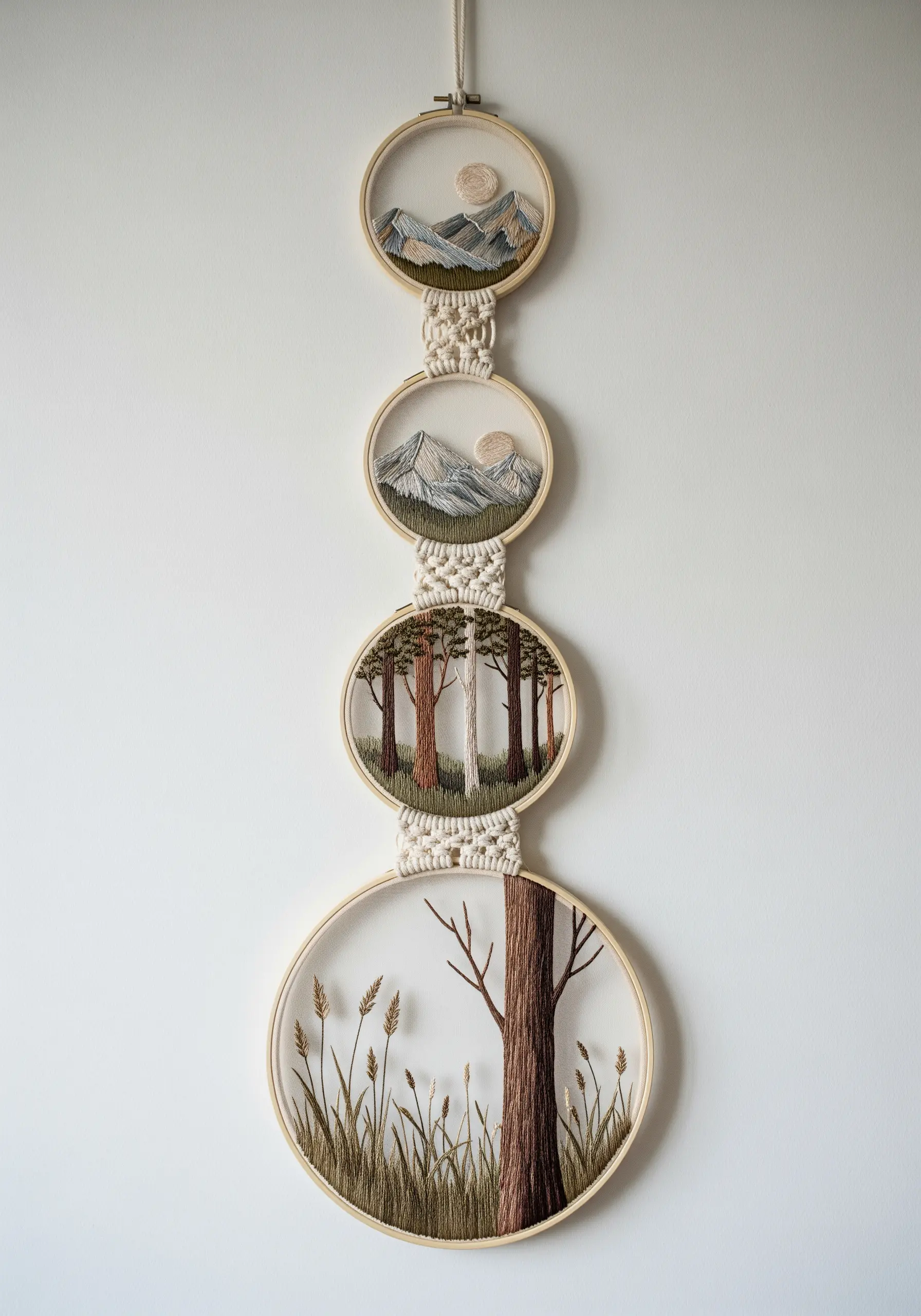 Four embroidery hoops stacked vertically, each showing a different part of a landscape.