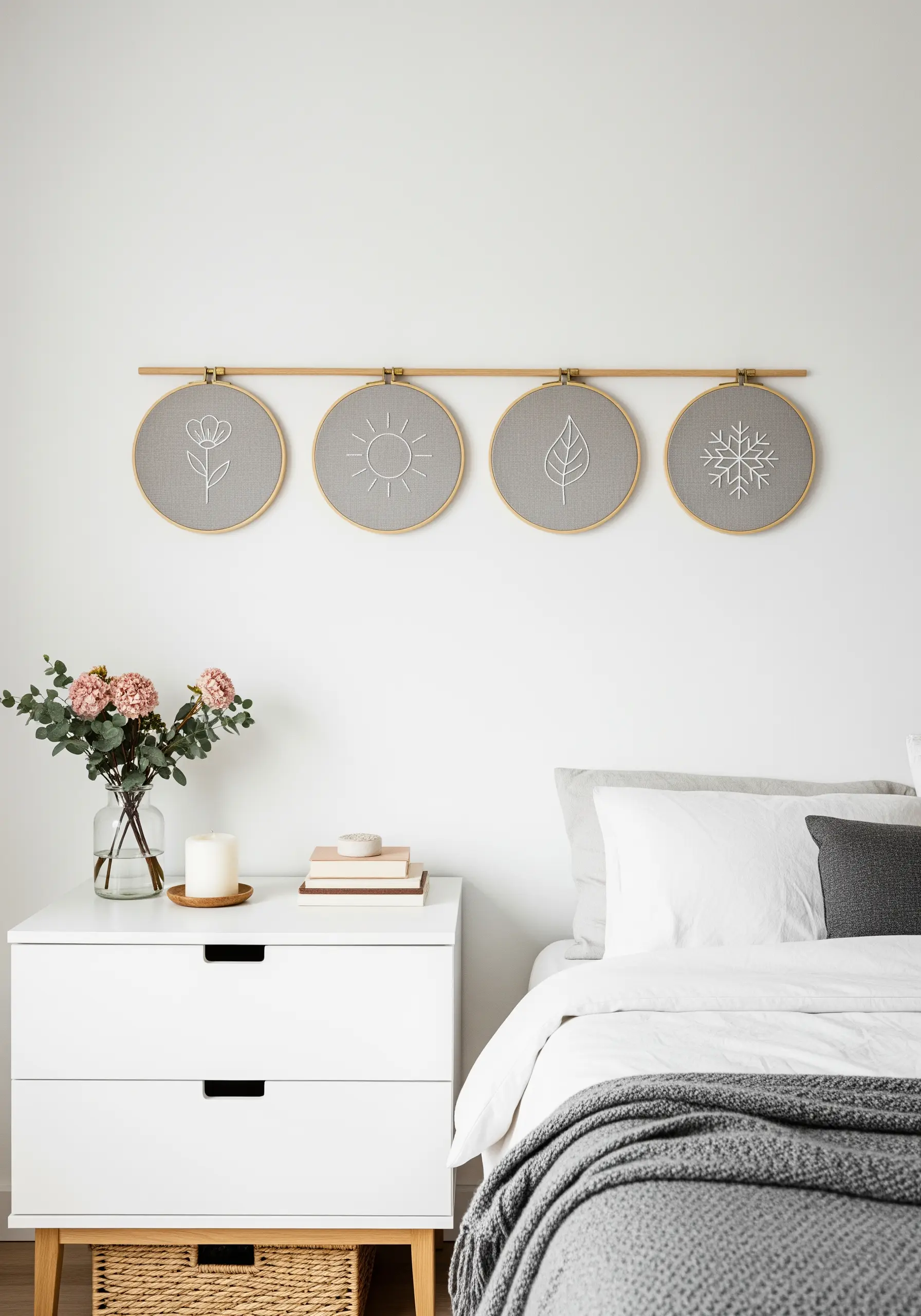 Four embroidery hoops representing the seasons with simple white line art on gray fabric.