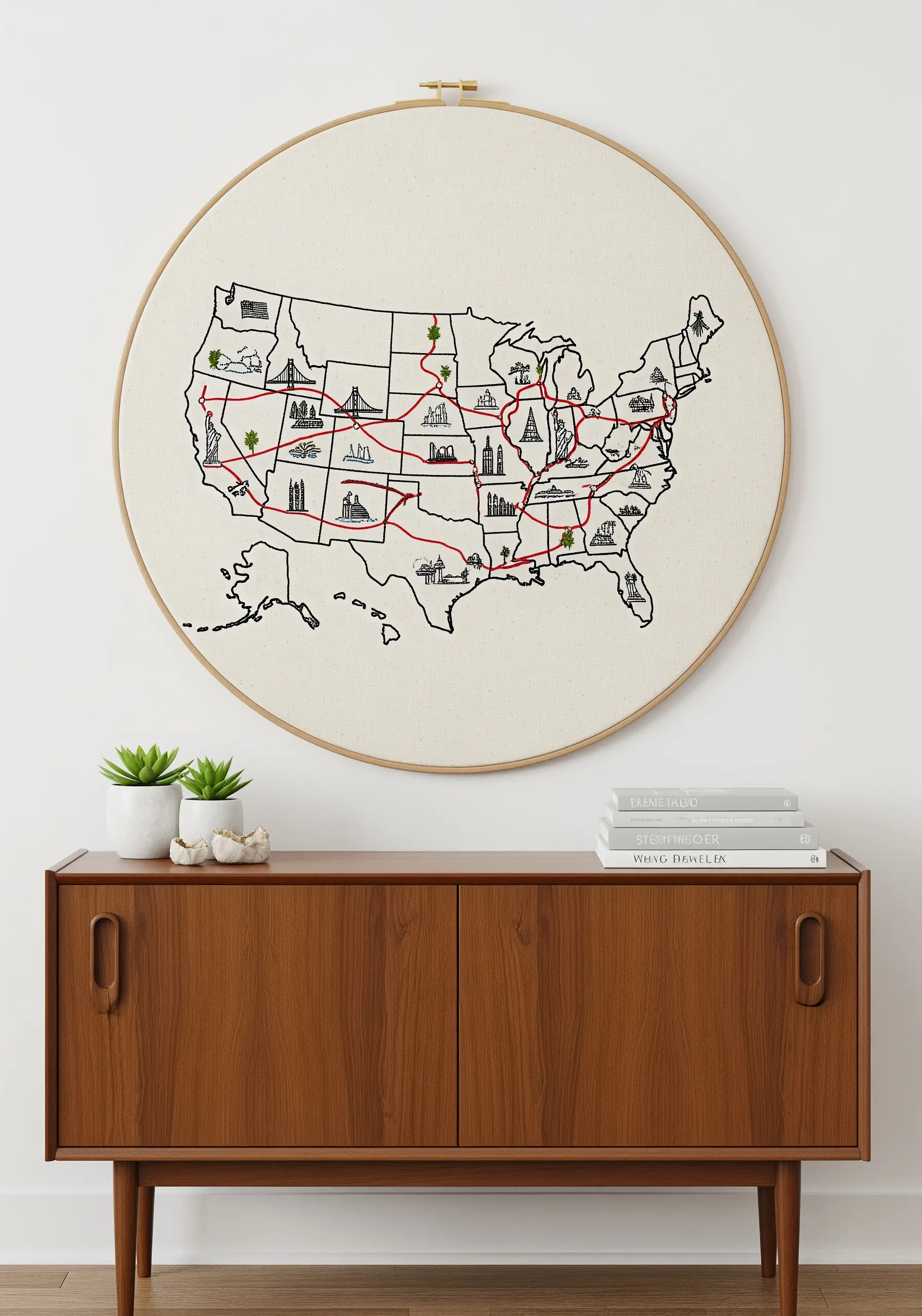 Minimalist embroidered map of the USA with a red stitched line tracing a road trip.