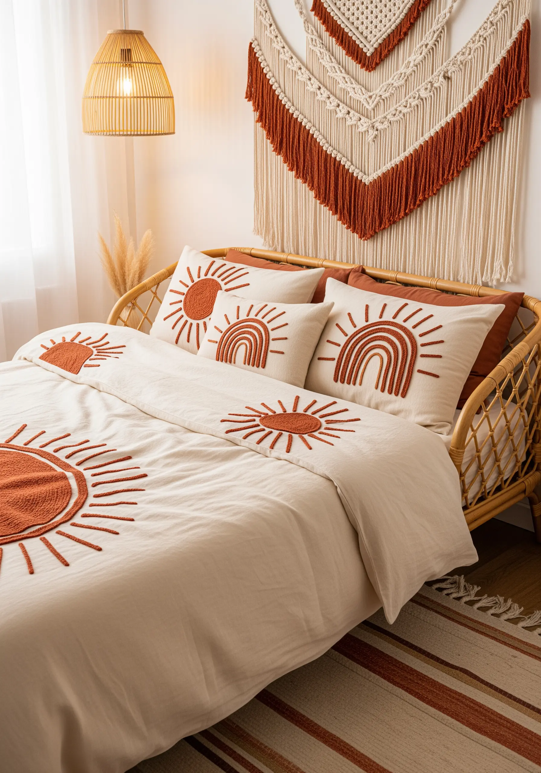 Textured terracotta sun and rainbow embroidery on cream-colored bedding in a boho bedroom