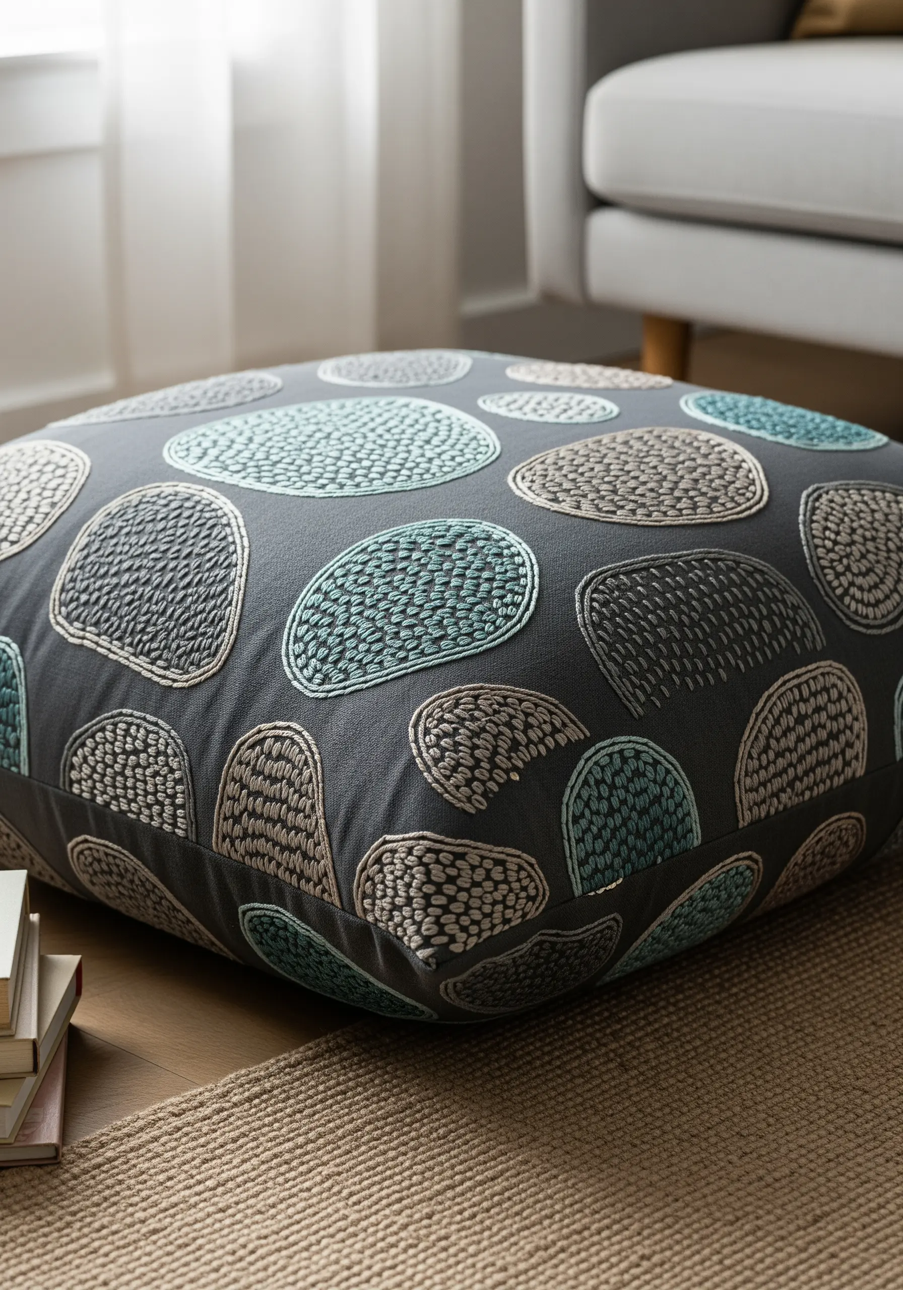 Floor cushion with pebble shapes, each filled with a different textural embroidery stitch.