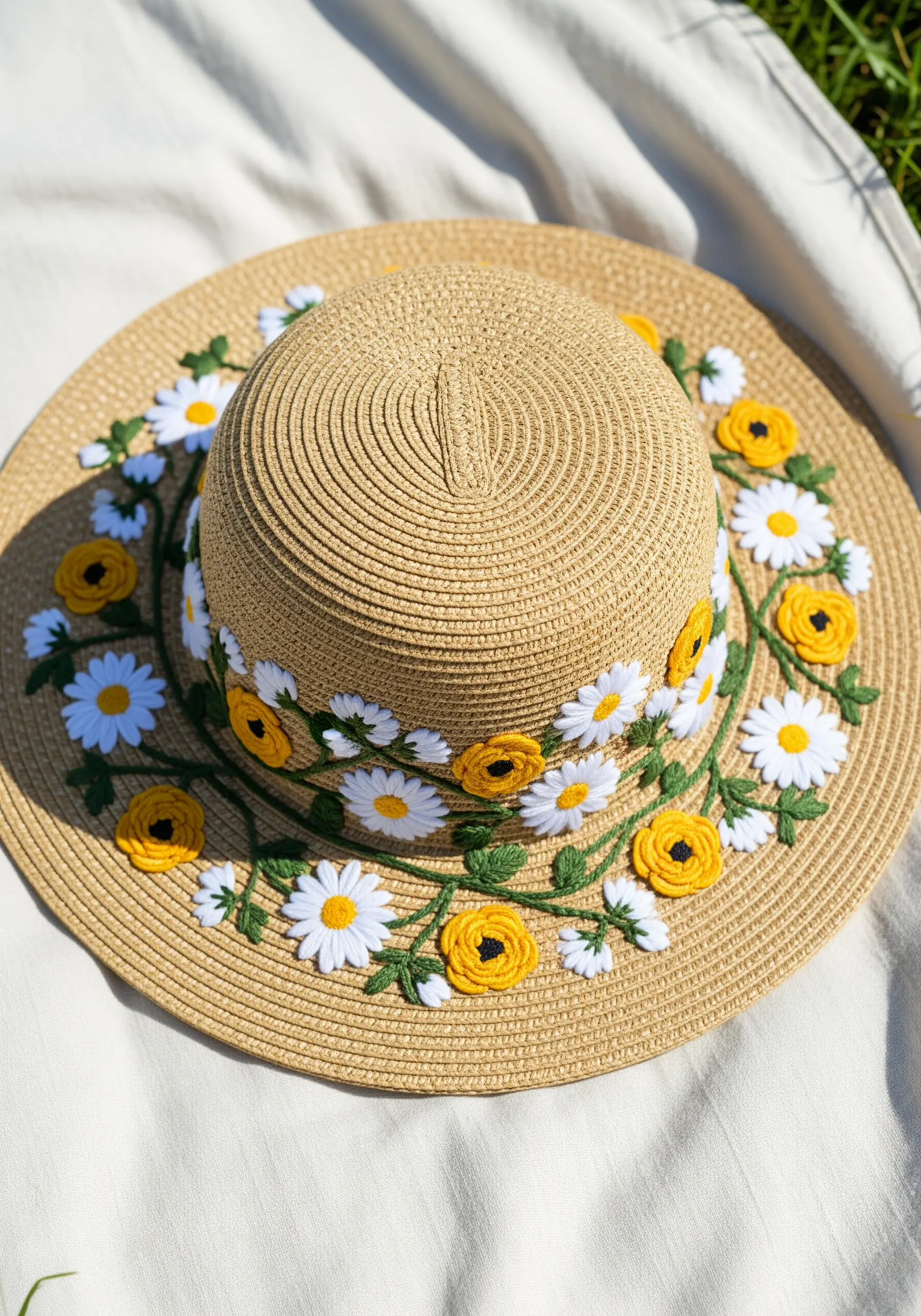 A dimensional floral band of daisies and buttercups embroidered around a straw sun hat.