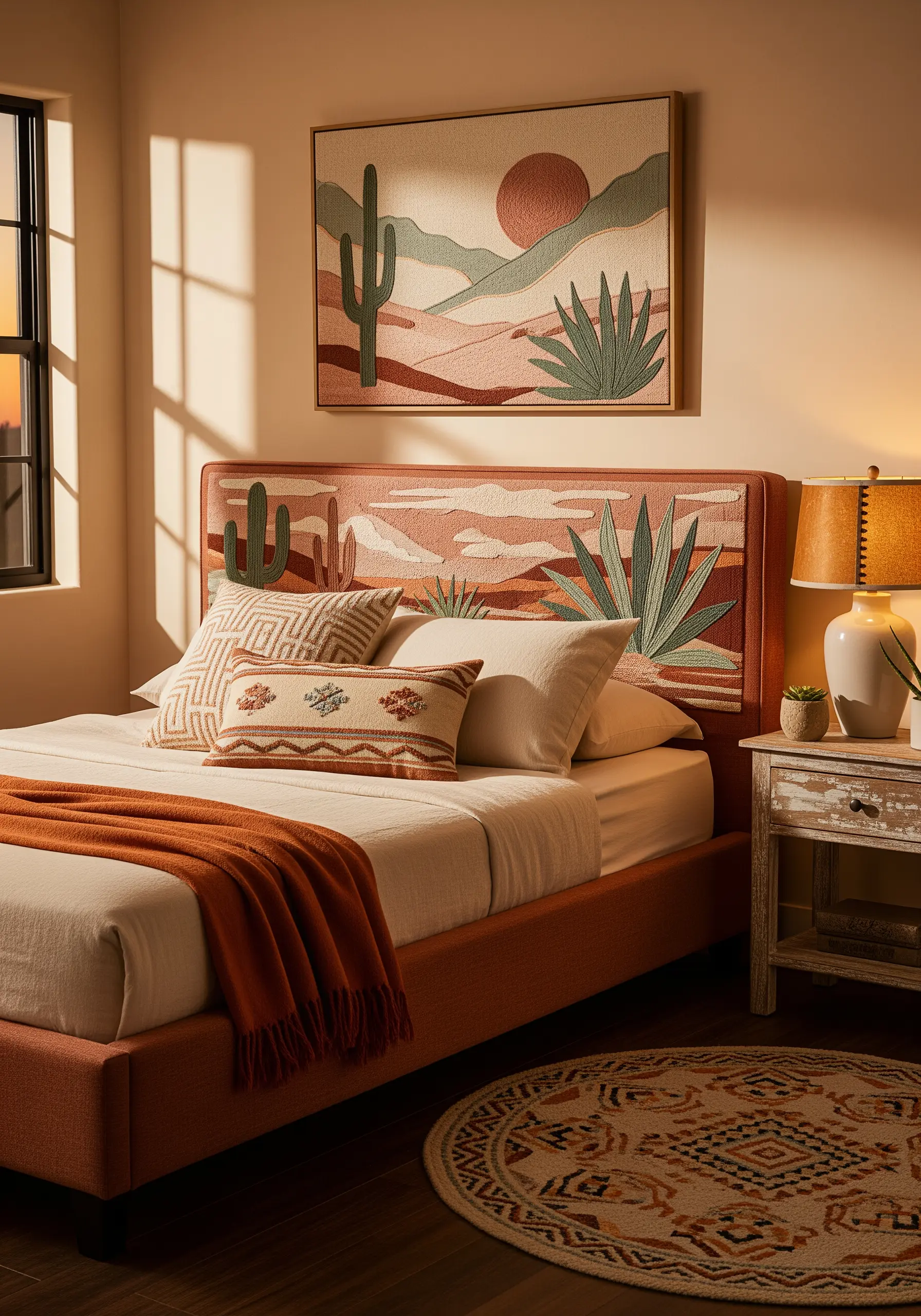 Desert landscape embroidery on a headboard featuring cacti, agave, and layered hills.