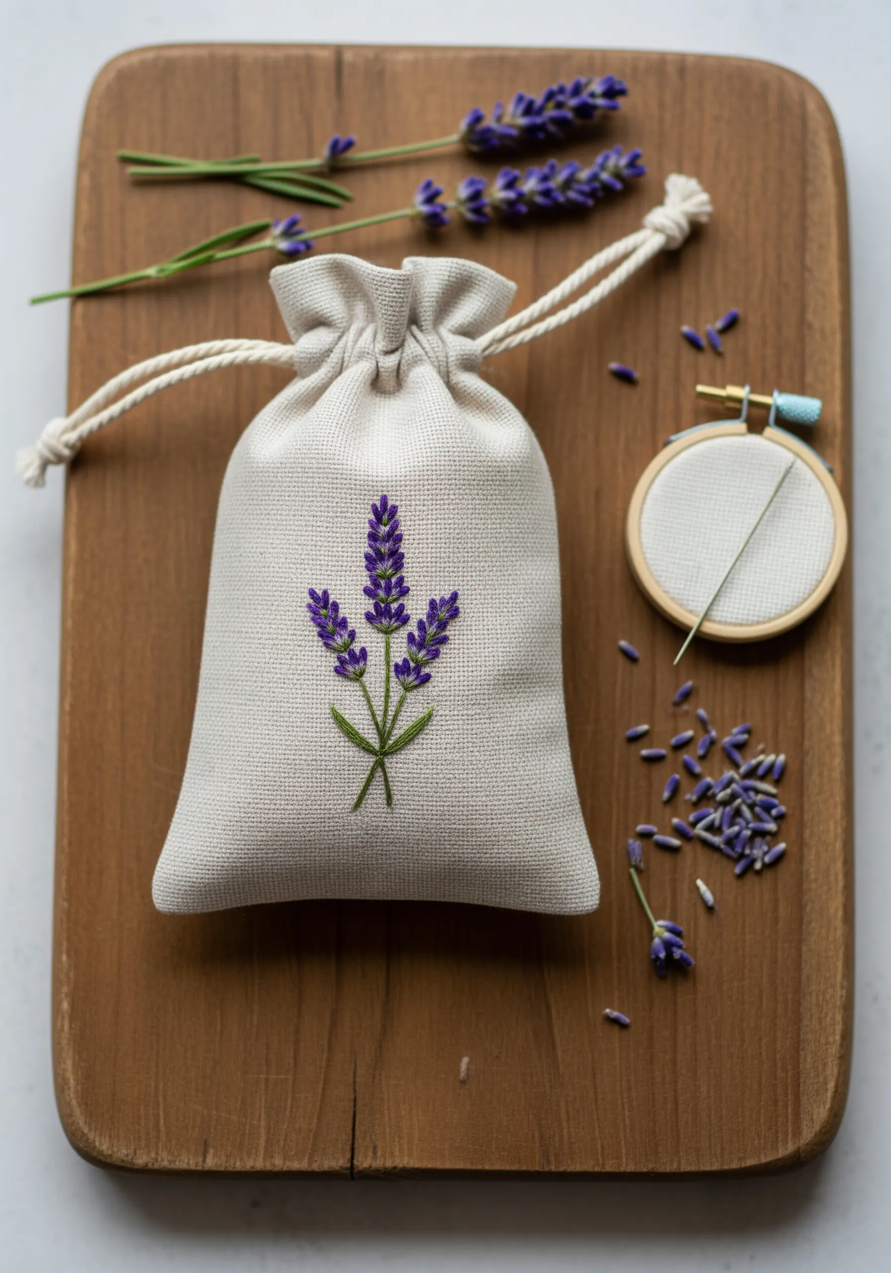 A small linen drawstring bag embroidered with a textured lavender sprig.