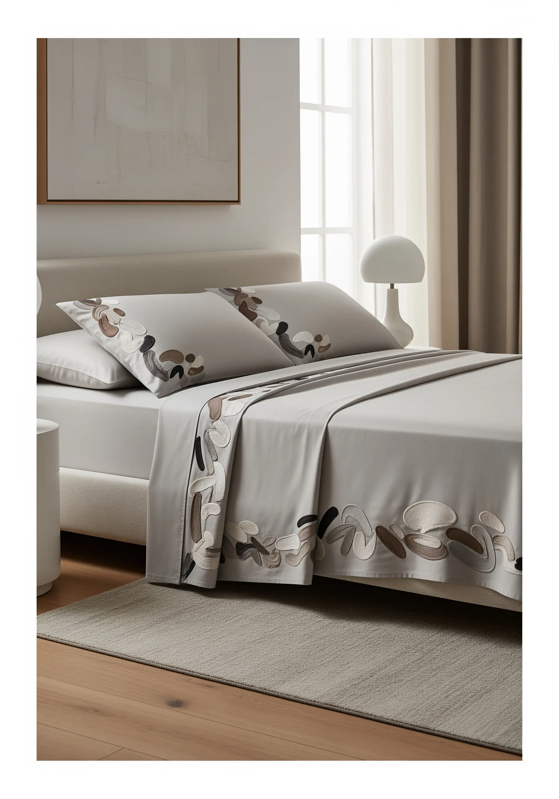 An abstract border of organic, pebble-like shapes in neutral tones on grey sheets.
