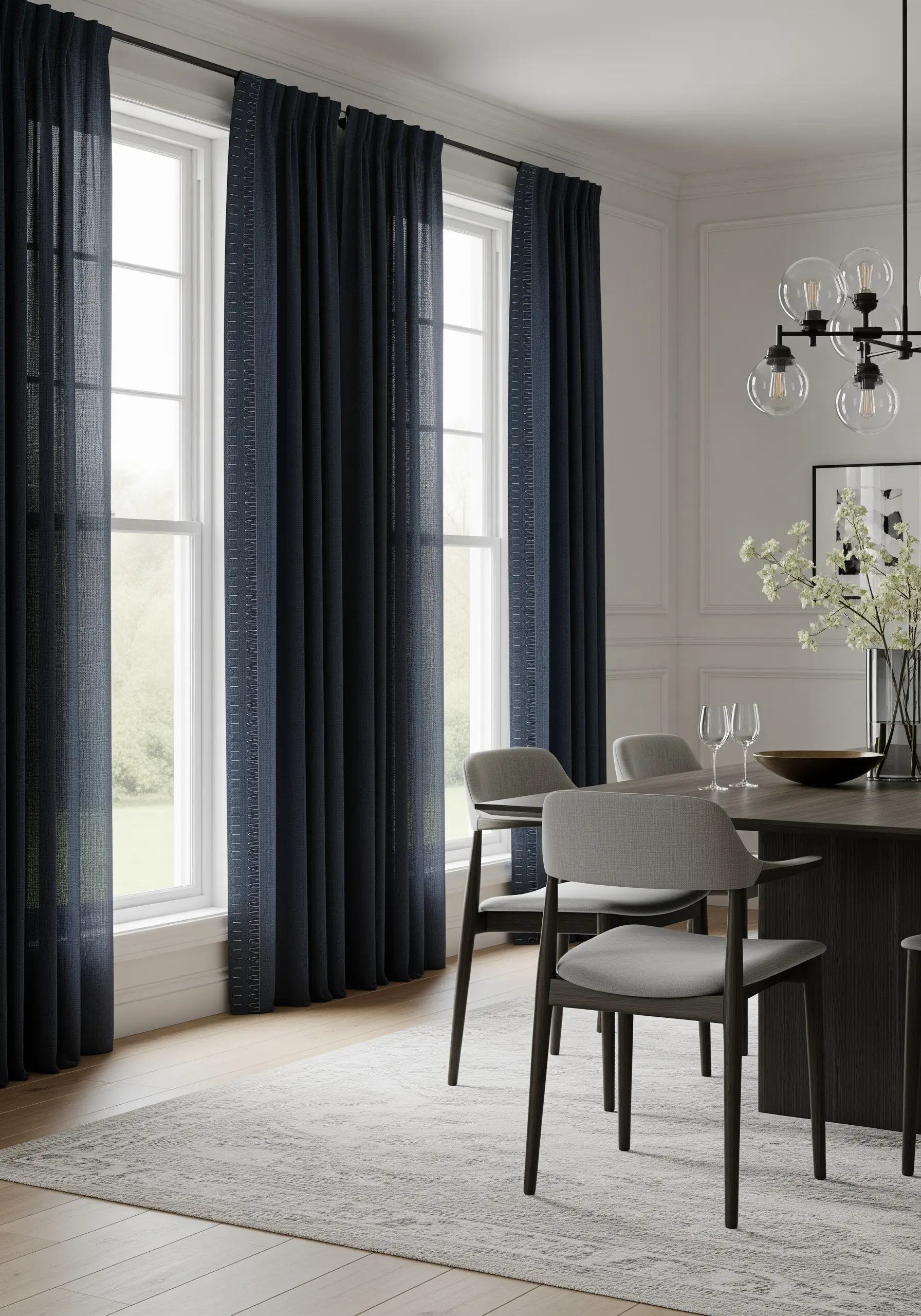 Dark navy curtains with a subtle vertical line of white stitches along the edge.