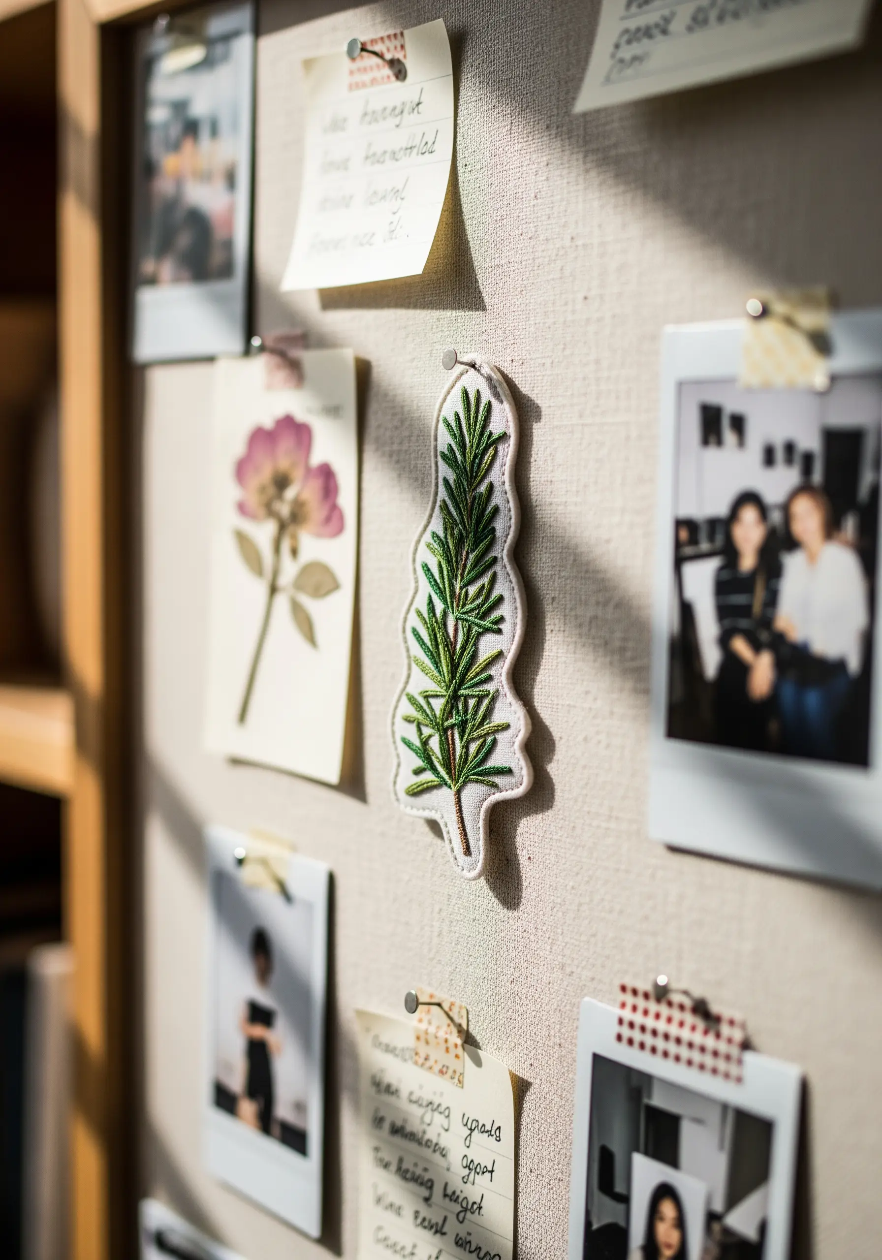 A freestanding embroidered patch of a rosemary sprig pinned to a corkboard.