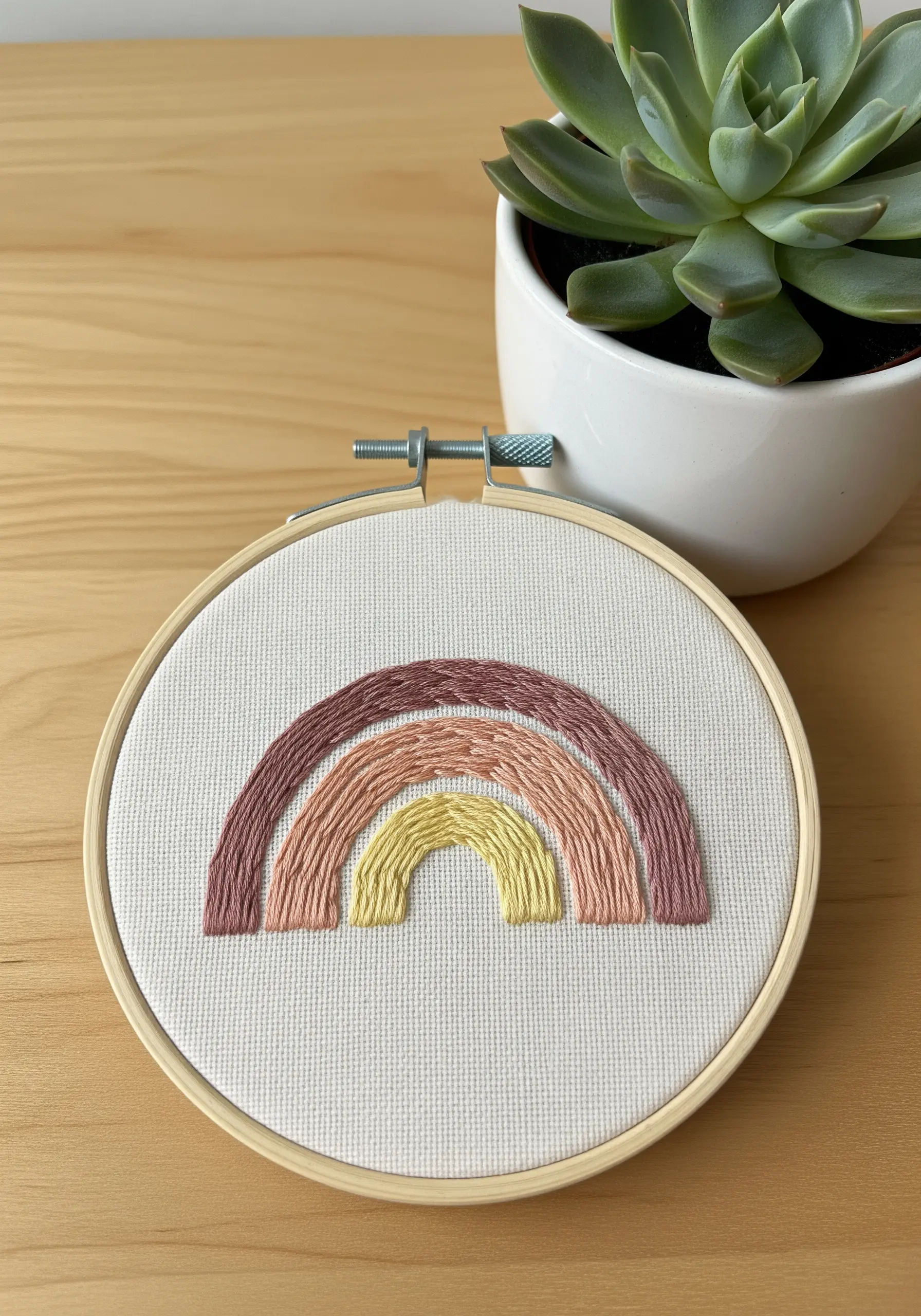 A modern, earthy-toned rainbow embroidered with satin stitches on white fabric.