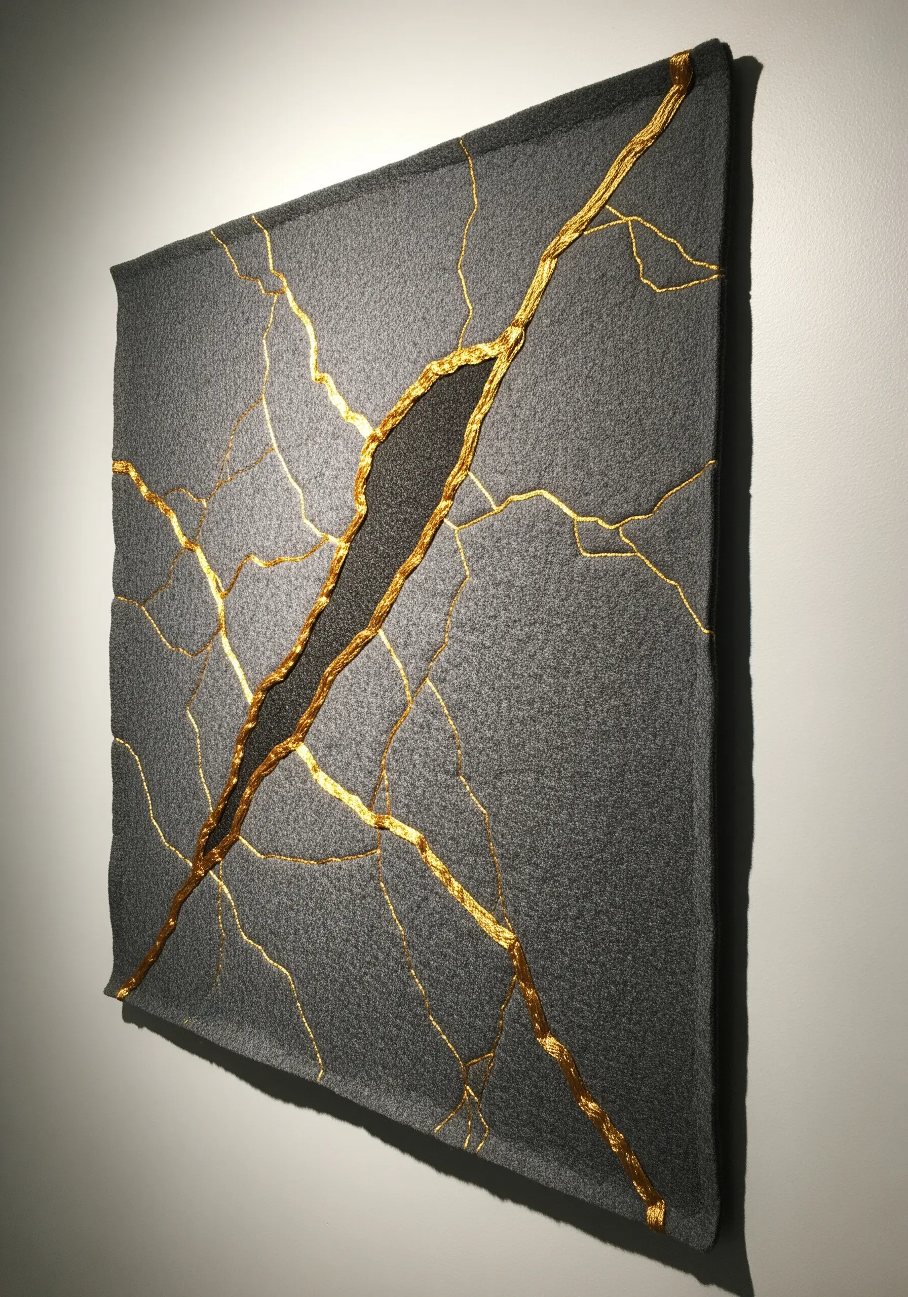 Gold metallic thread embroidered on dark gray felt in a Kintsugi pattern.
