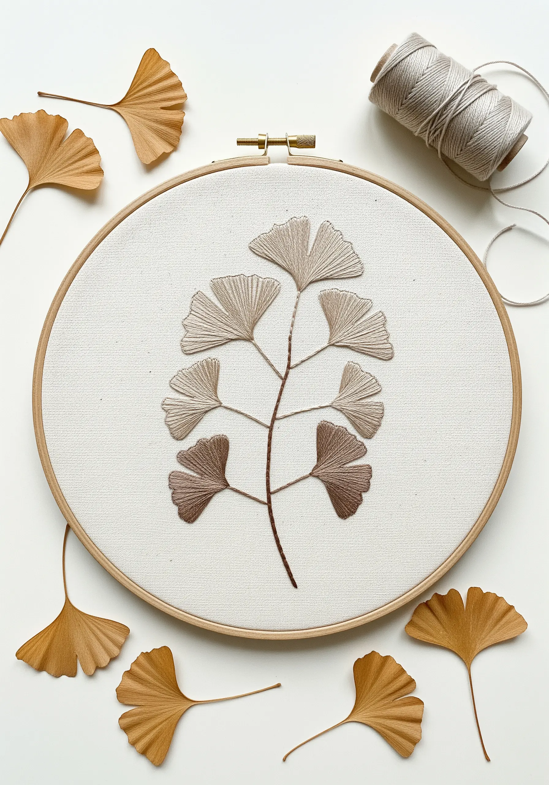 Minimalist ginkgo leaf embroidery in a hoop using neutral gradient threads.