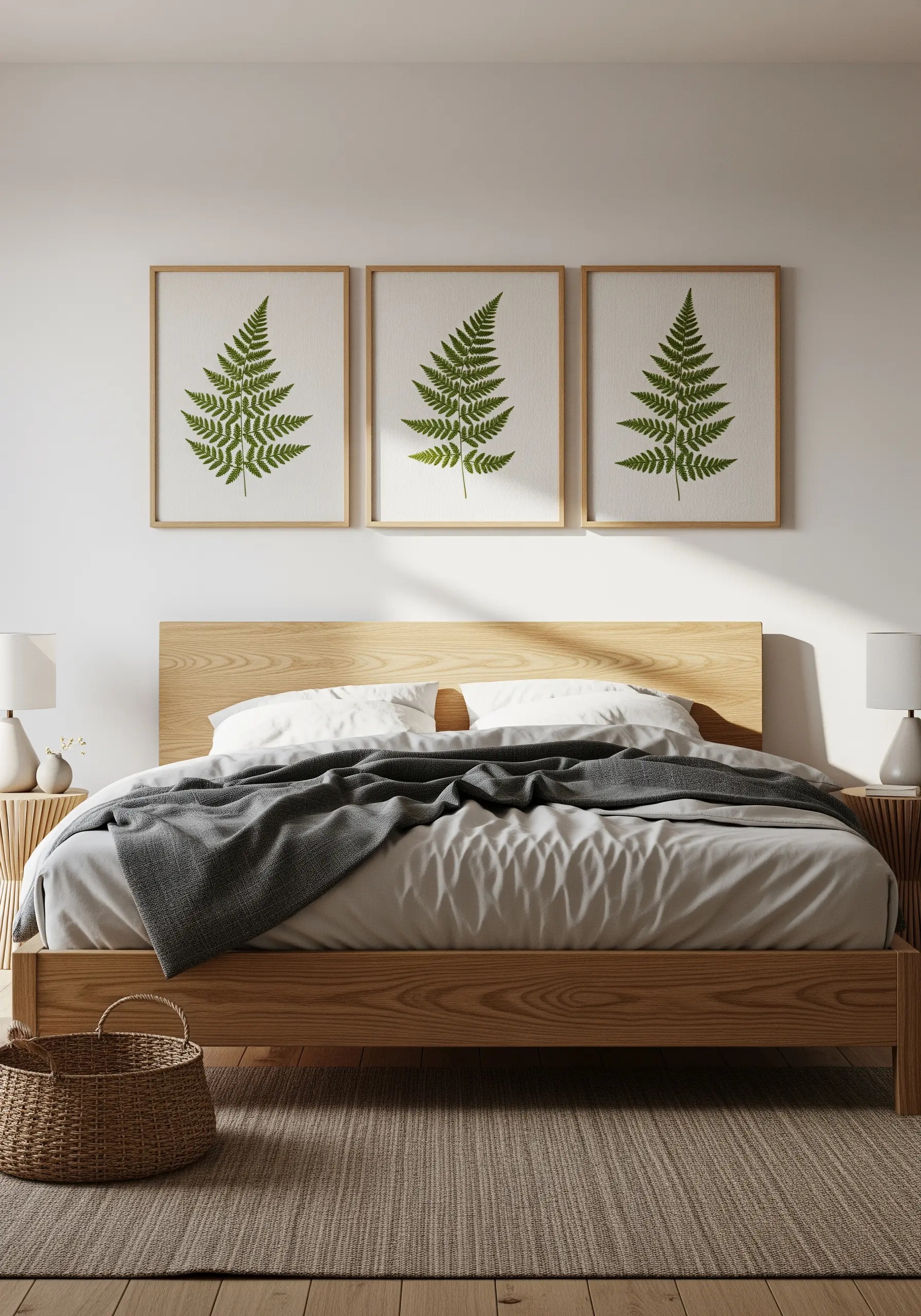 Three framed embroideries of realistic green fern leaves.