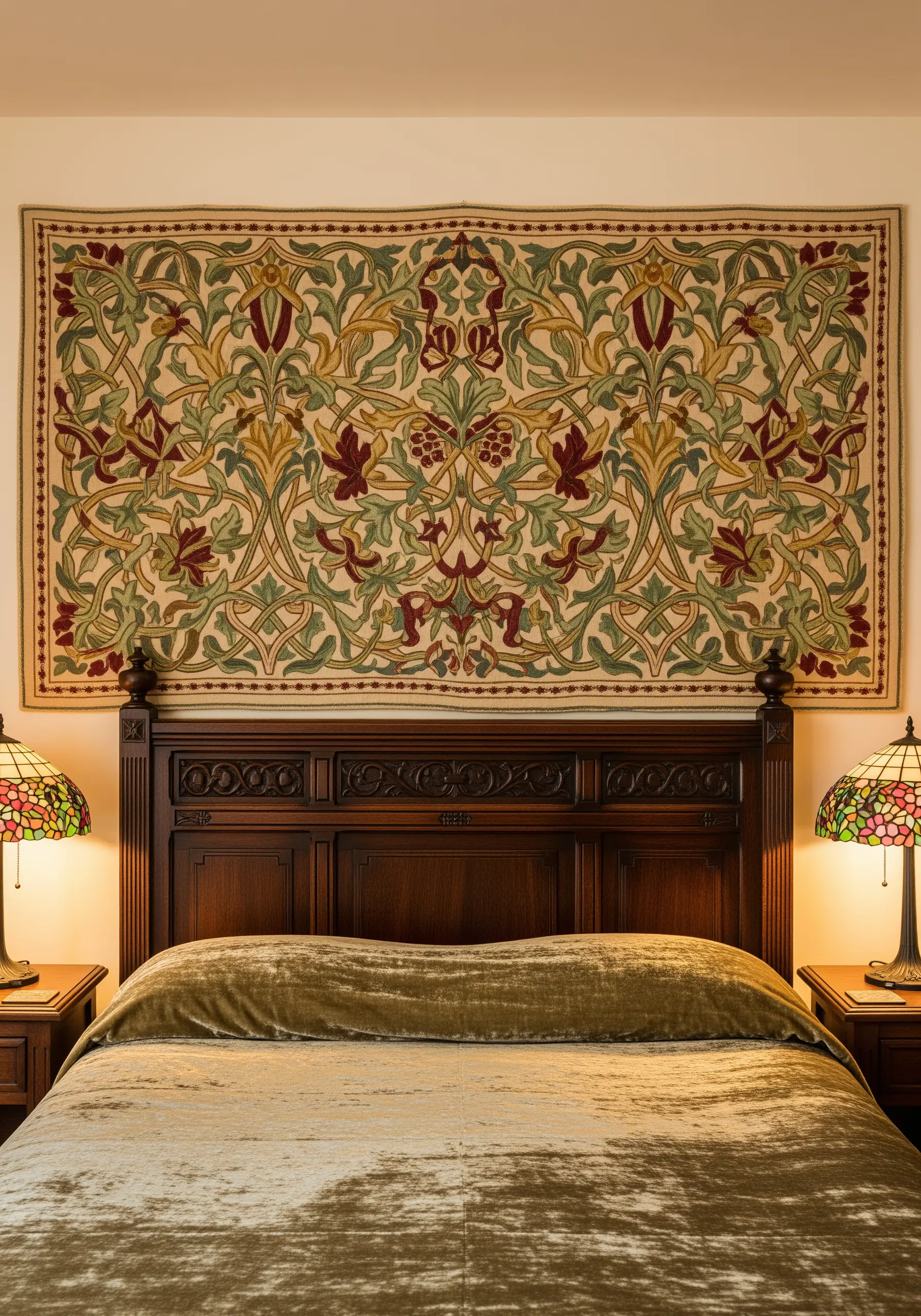 A large, intricate tapestry in the style of William Morris with botanical and vine motifs.